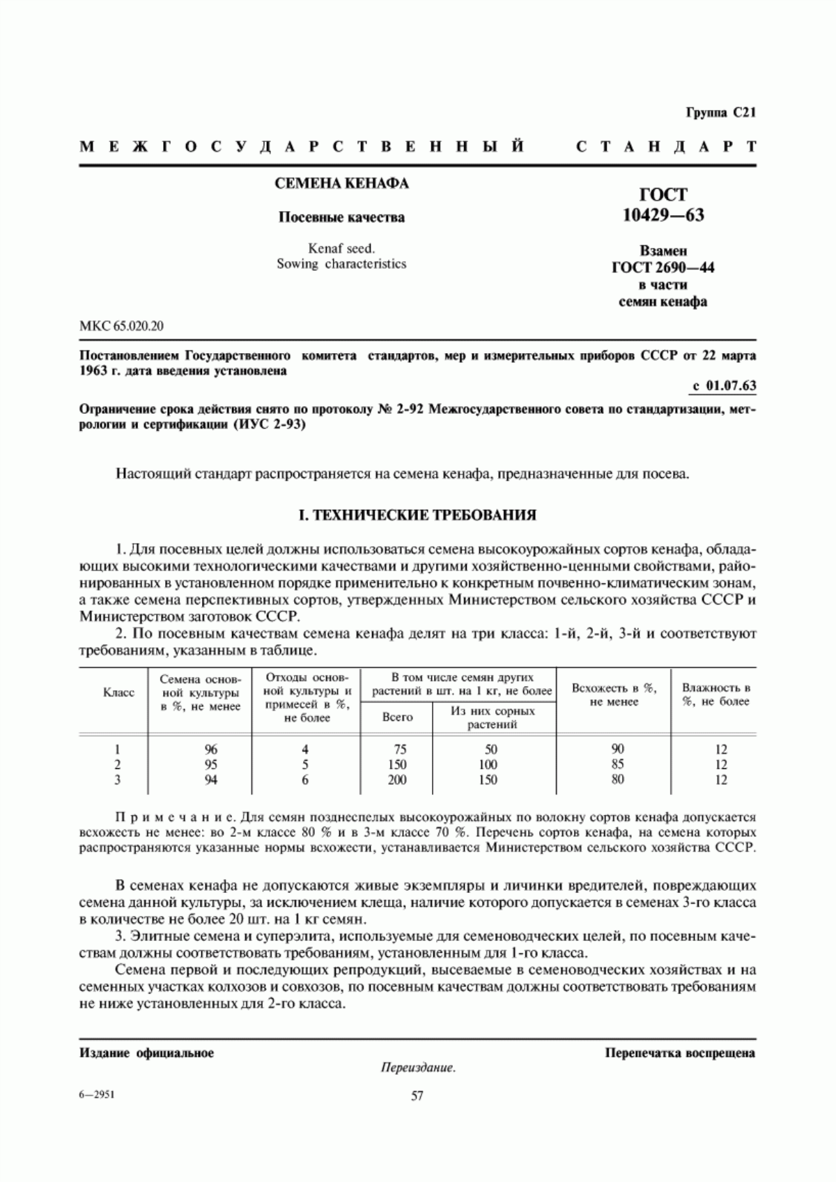 Обложка ГОСТ 10429-63 Семена кенафа. Посевные качества