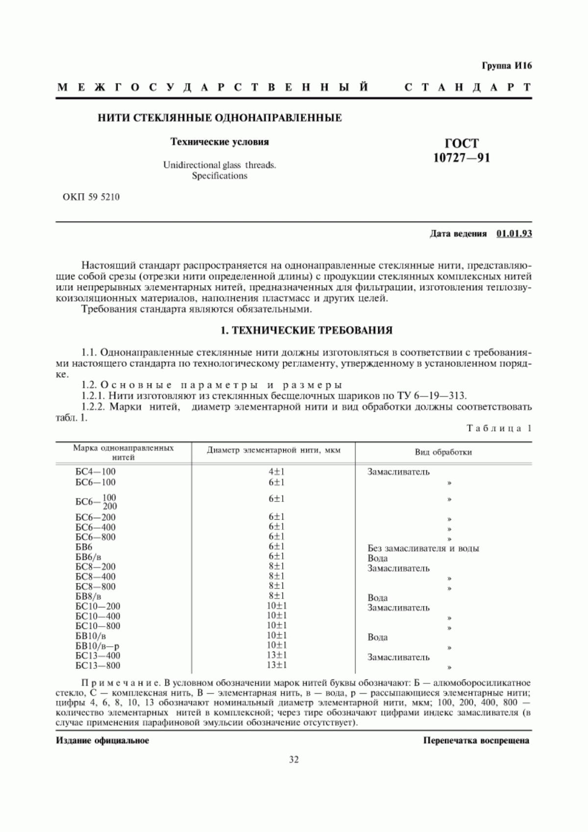 Обложка ГОСТ 10727-91 Нити стеклянные однонаправленные. Технические условия