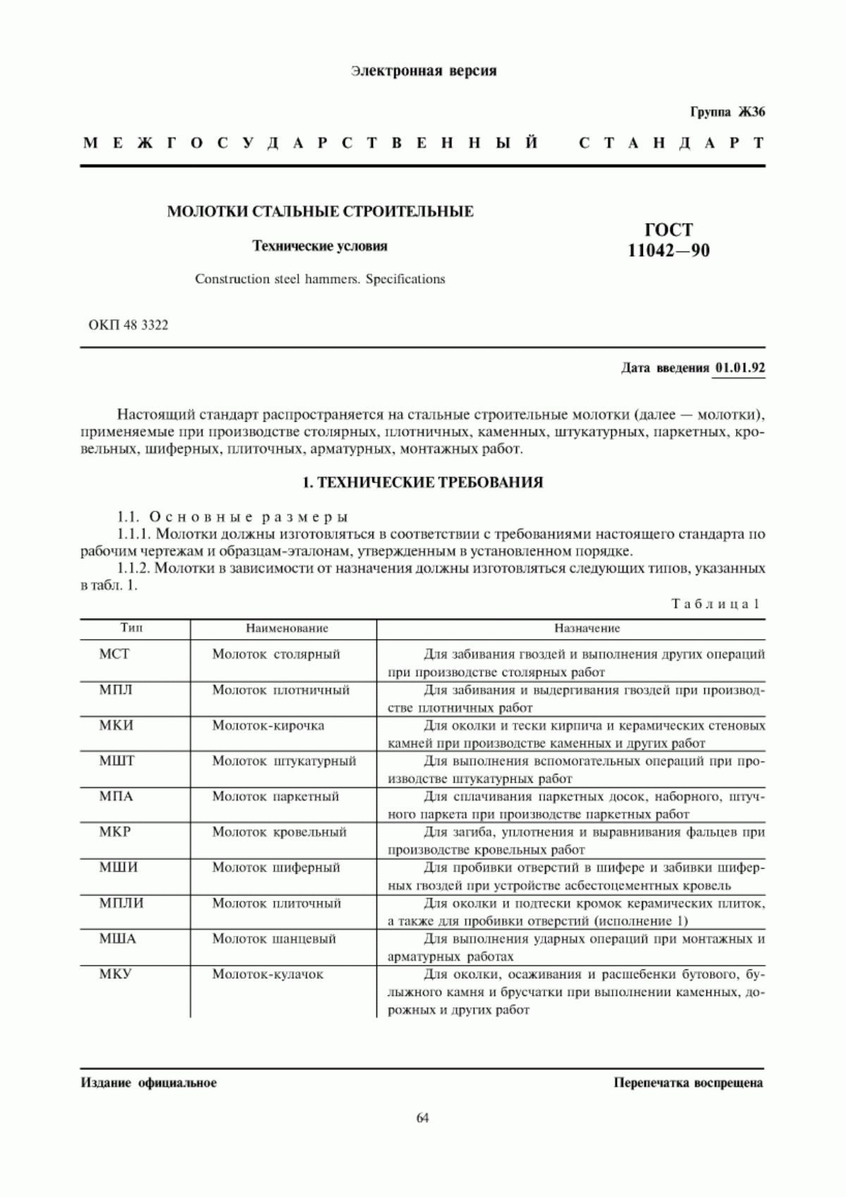 Обложка ГОСТ 11042-90 Молотки стальные строительные. Технические условия