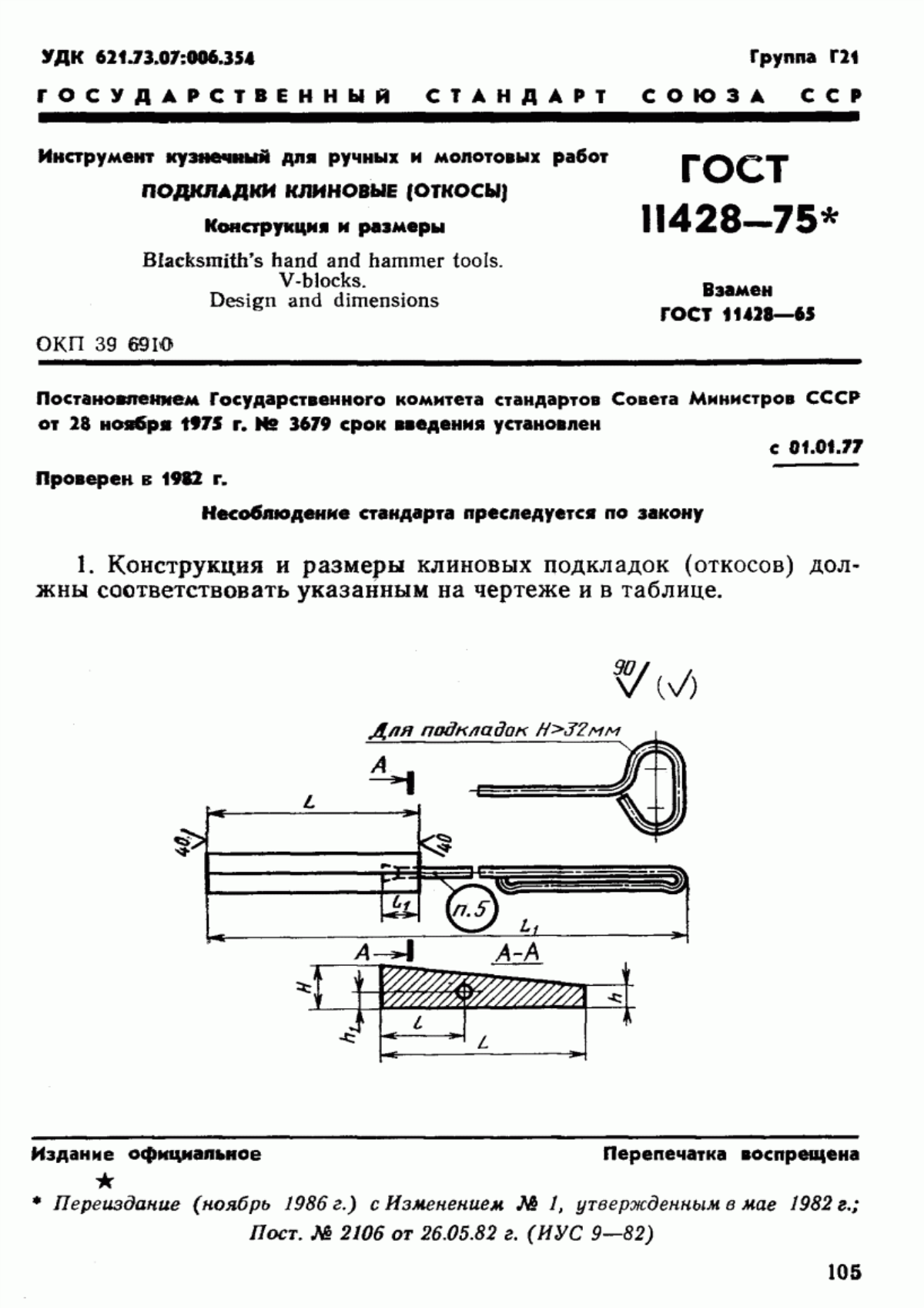 Обложка ГОСТ 11428-75 Инструмент кузнечный для ручных и молотовых работ. Подкладки клиновые (откосы). Конструкция и размеры