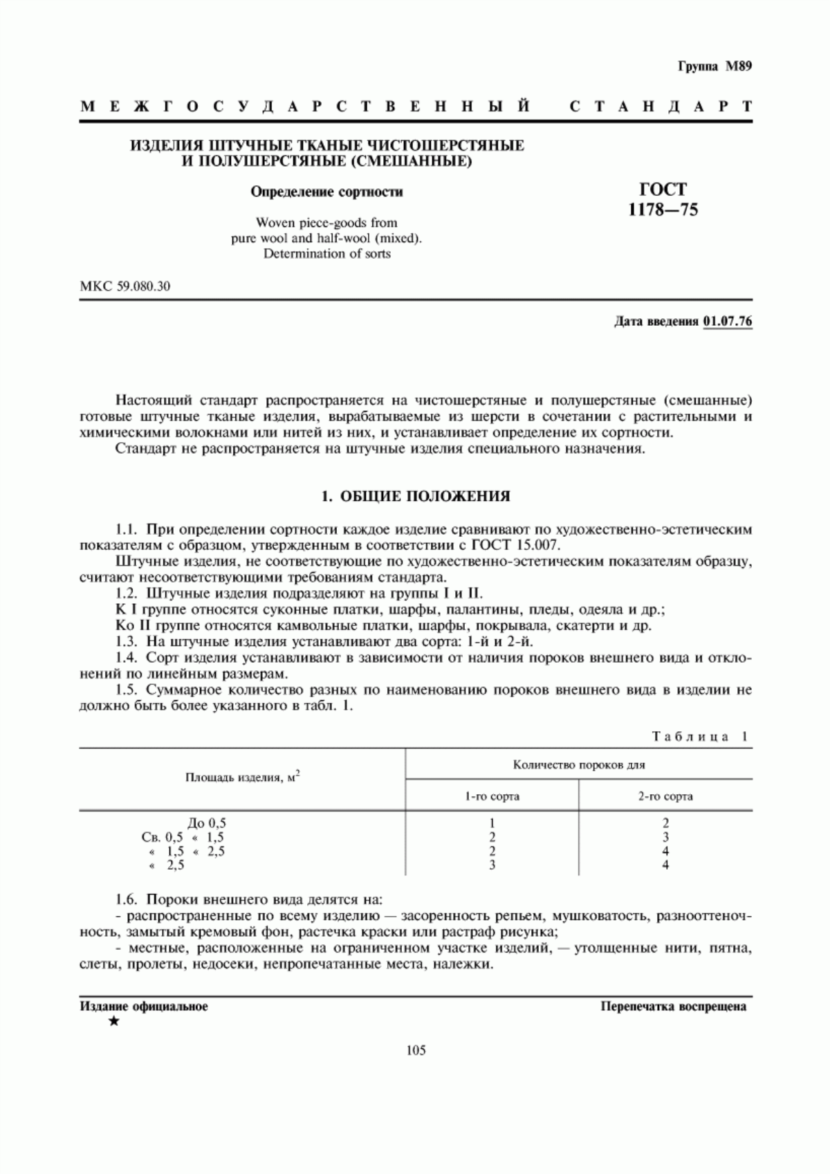 Обложка ГОСТ 1178-75 Изделия штучные тканые чистошерстяные и полушерстяные (смешанные). Определение сортности