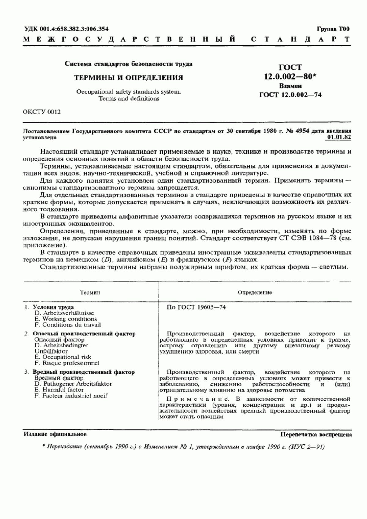 Обложка ГОСТ 12.0.002-80 Система стандартов безопасности труда. Термины и определения