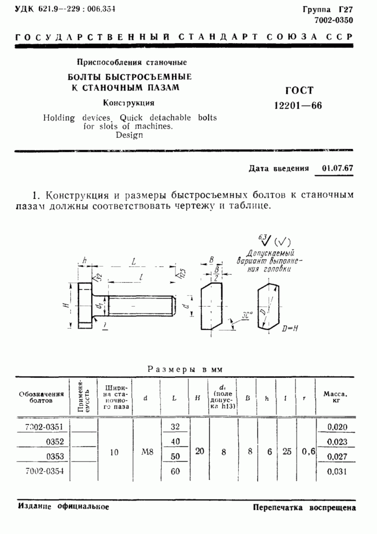 Обложка ГОСТ 12201-66 Приспособления станочные. Болты быстросъемные к станочным пазам. Конструкция