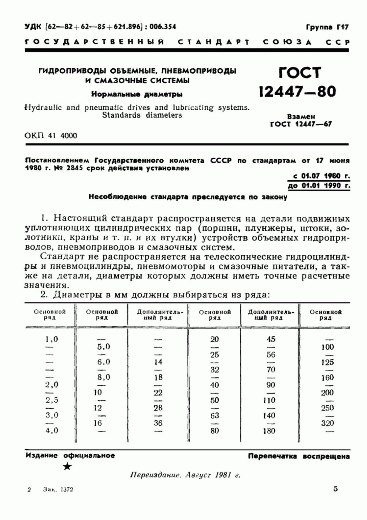 Обложка ГОСТ 12447-80 Гидроприводы объемные, пневмоприводы и смазочные системы. Нормальные диаметры