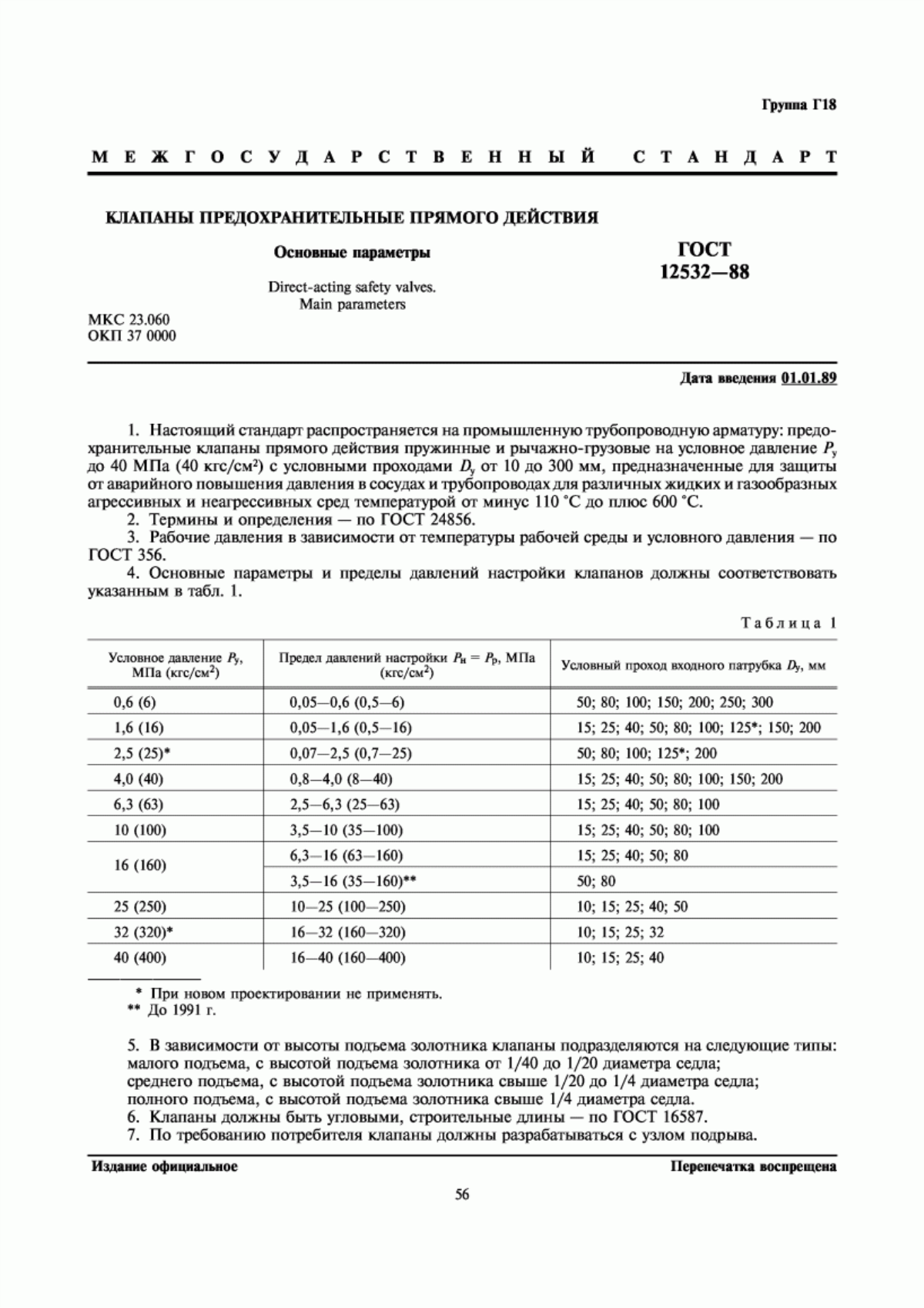 Обложка ГОСТ 12532-88 Клапаны предохранительные прямого действия. Основные параметры