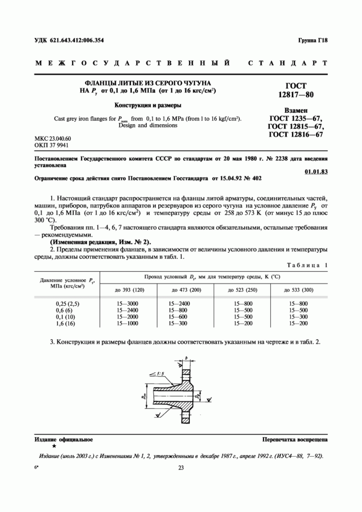 Обложка ГОСТ 12817-80 Фланцы литые из серого чугуна на Ру от 0,1 до 1,6 МПа (от 1 до 16 кгс/см кв.). Конструкция и размеры