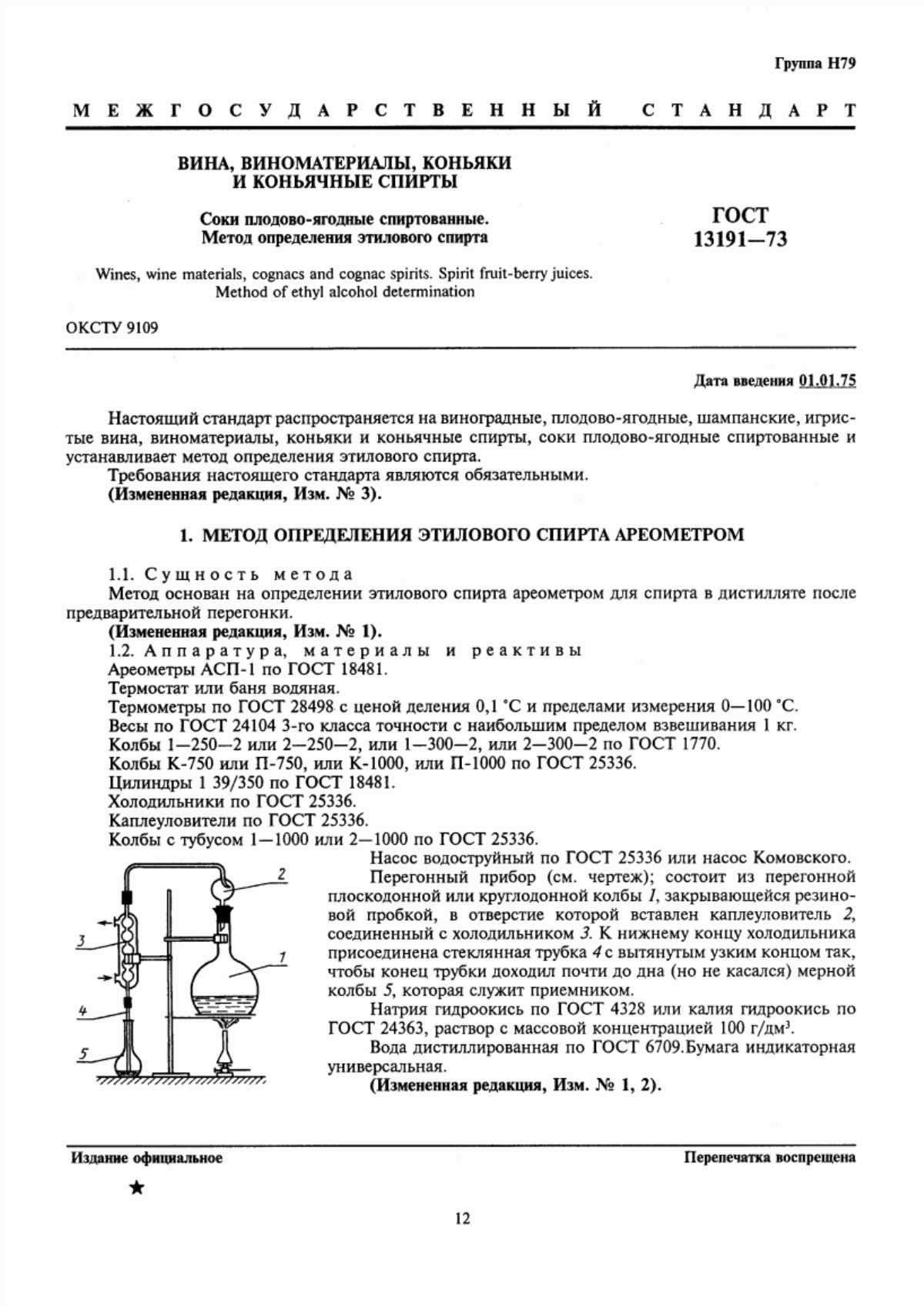 Обложка ГОСТ 13191-73 Вина, виноматериалы, коньяки и коньячные спирты, соки плодово-ягодные спиртованные. Метод определения этилового спирта