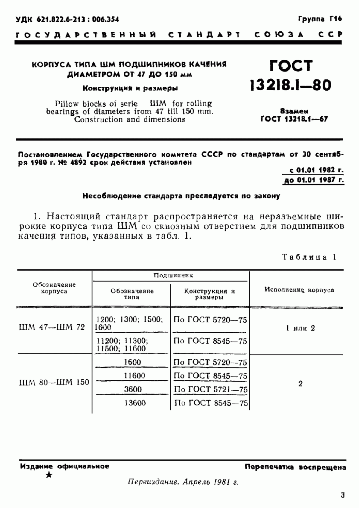 Обложка ГОСТ 13218.1-80 Корпуса типа ШМ подшипников качения диаметром от 47 до 150 мм. Конструкция и размеры