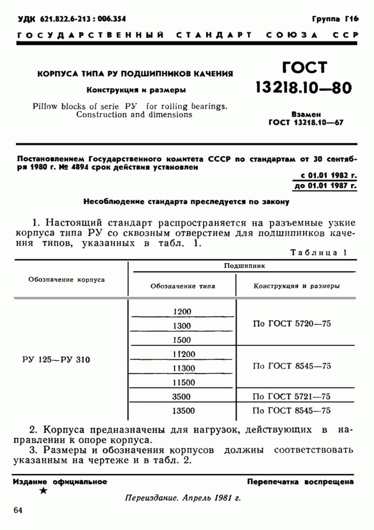 Обложка ГОСТ 13218.10-80 Корпуса типа РУ подшипников качения. Конструкция и размеры