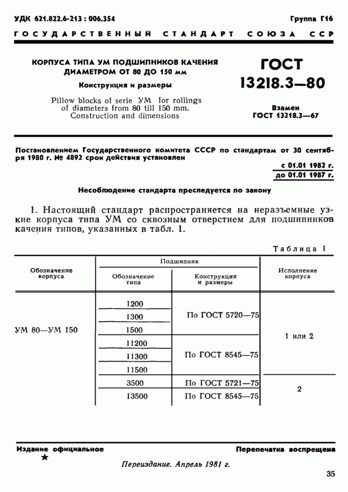 Обложка ГОСТ 13218.3-80 Корпуса типа УМ подшипников качения диаметром от 80 до 150 мм. Конструкция и размеры