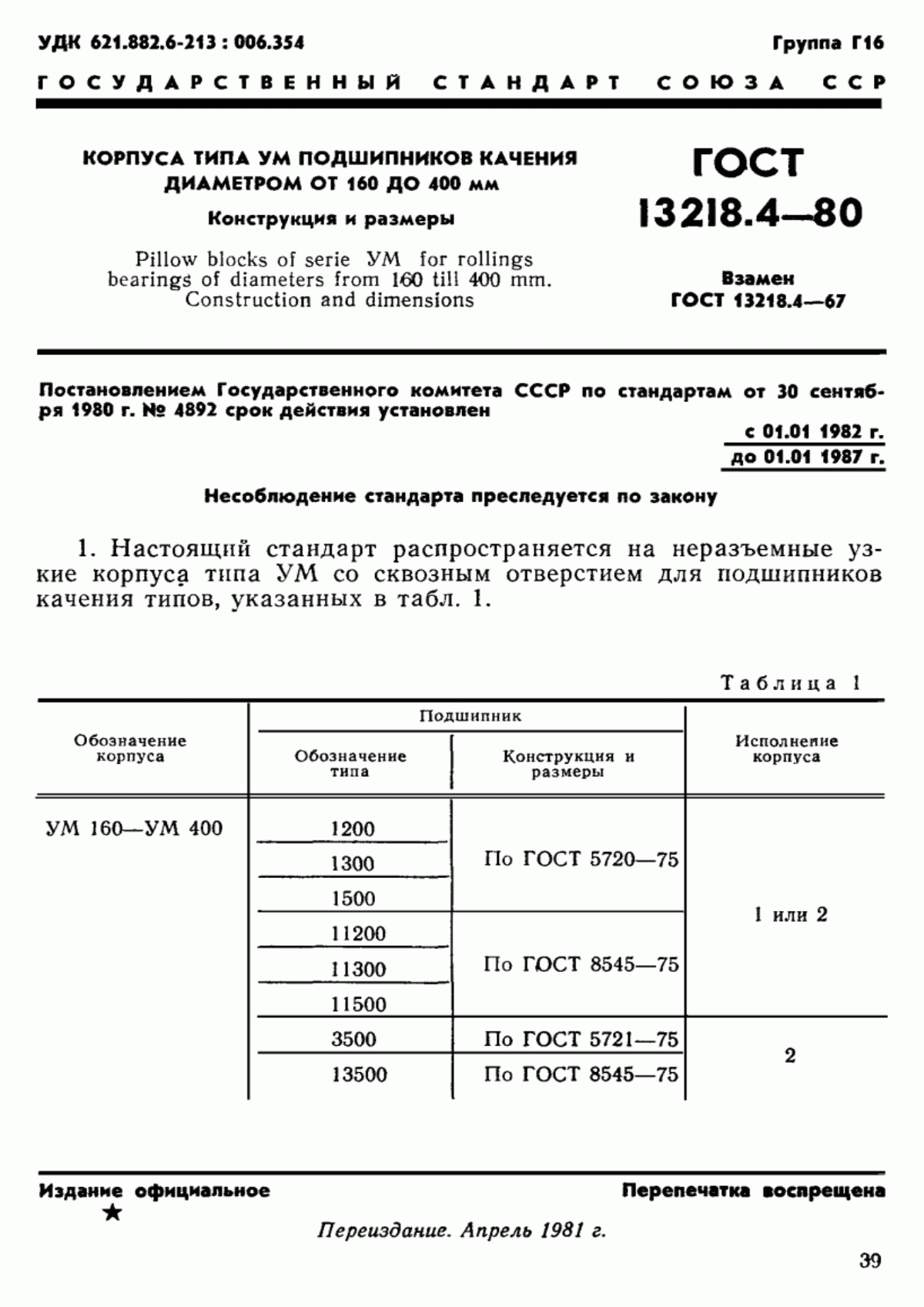 Обложка ГОСТ 13218.4-80 Корпуса типа УМ подшипников качения диаметром от 160 до 400 мм. Конструкция и размеры