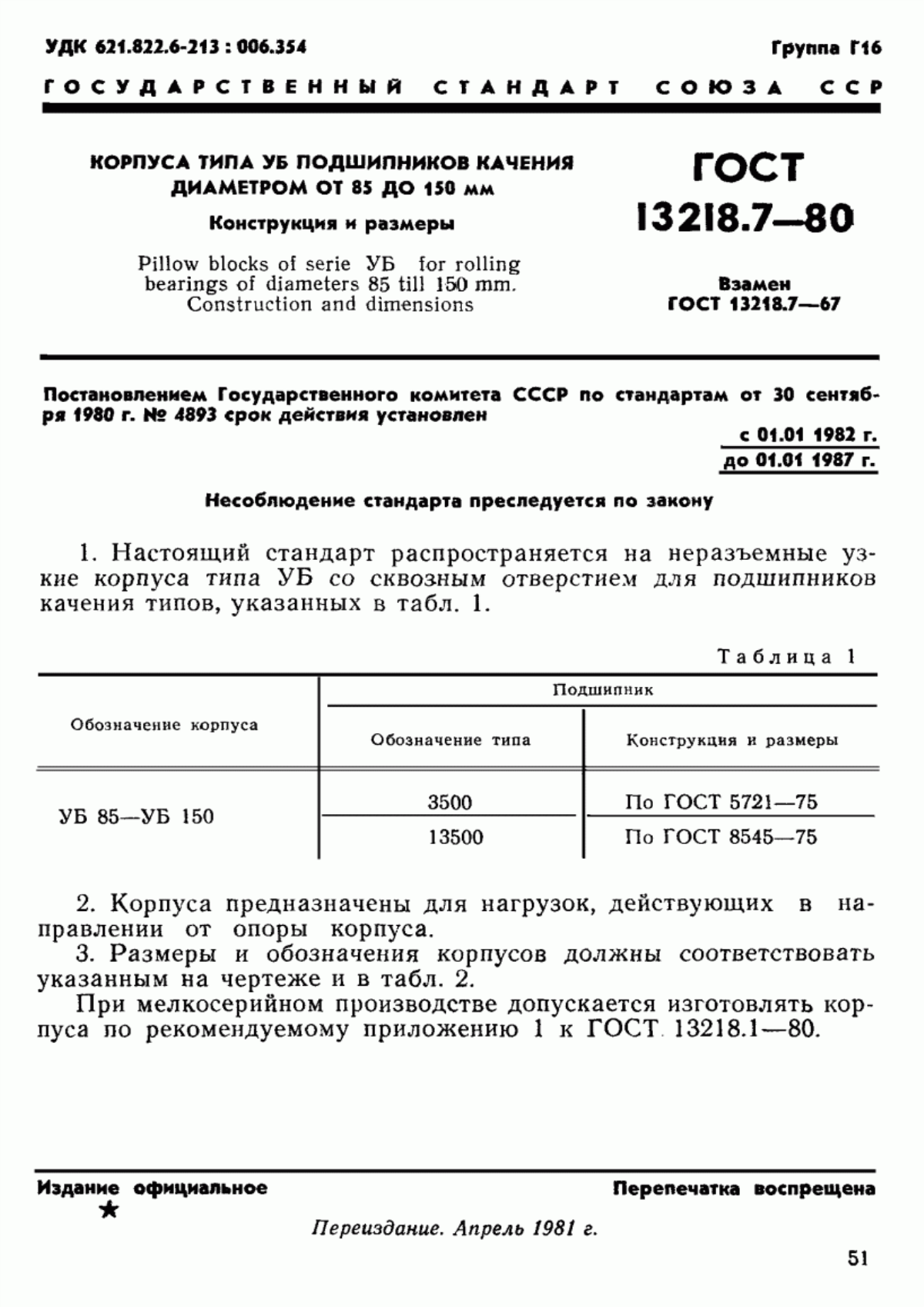 Обложка ГОСТ 13218.7-80 Корпуса типа УБ подшипников качения диаметром от 85 до 150 мм. Конструкция и размеры
