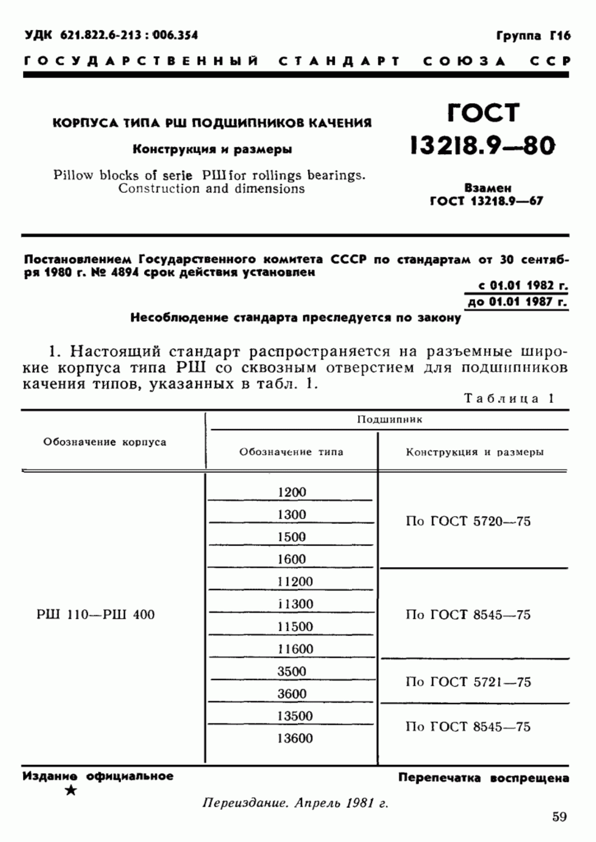 Обложка ГОСТ 13218.9-80 Корпуса типа РШ подшипников качения. Конструкция и размеры