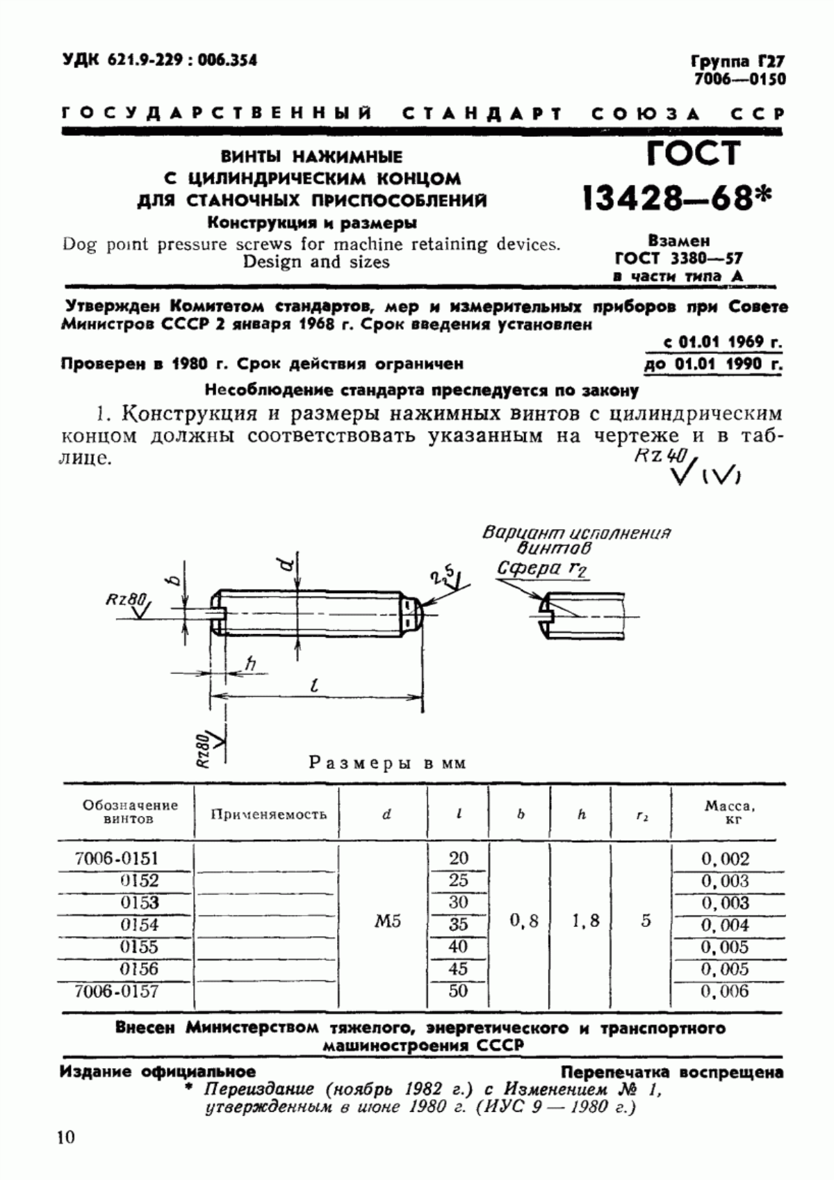 Обложка ГОСТ 13428-68 Винты нажимные с цилиндрическим концом для станочных приспособлений. Конструкция