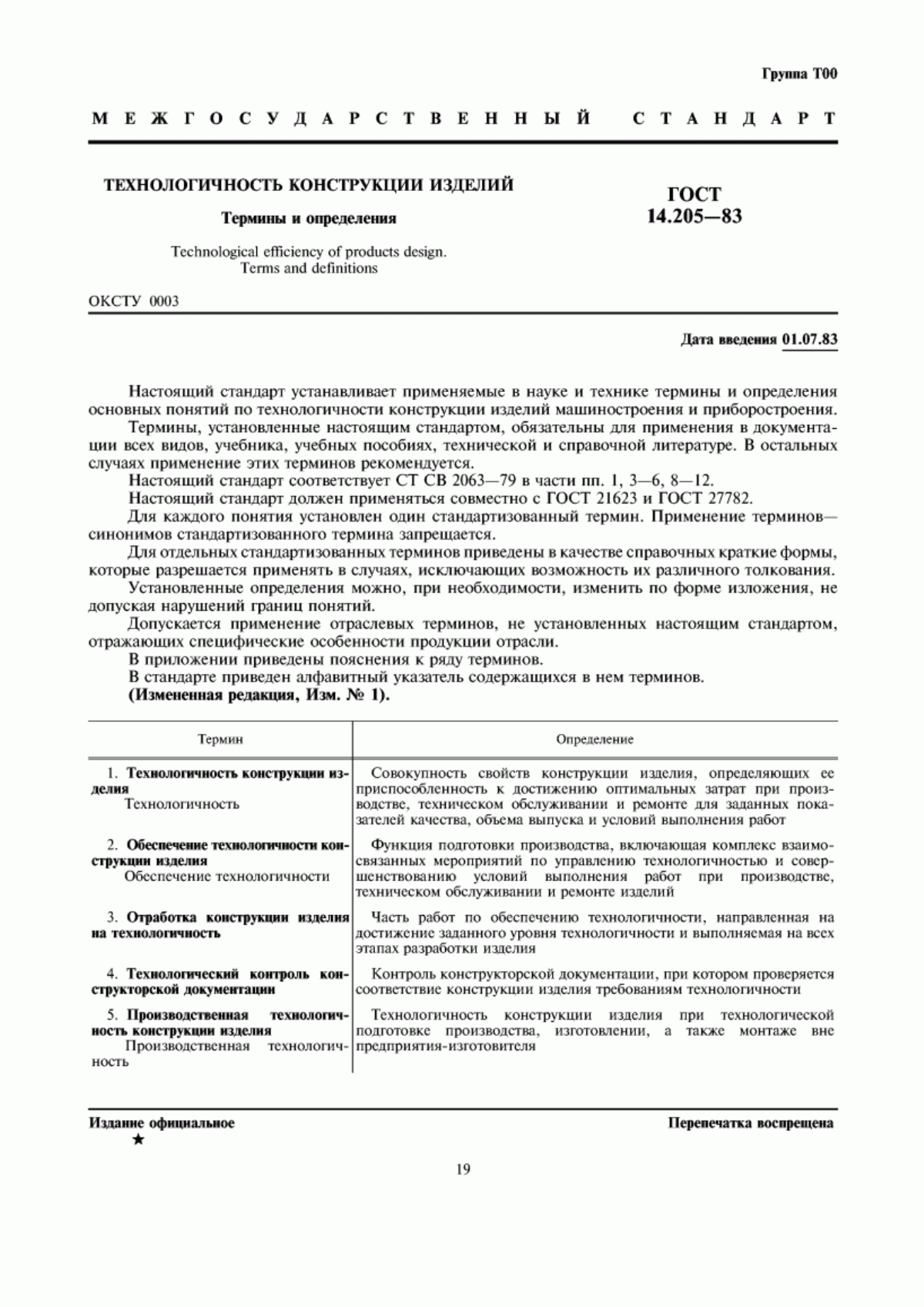 Обложка ГОСТ 14.205-83 Технологичность конструкции изделий. Термины и определения