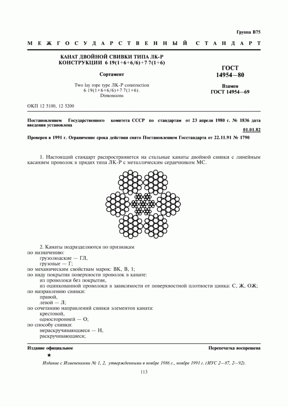 Обложка ГОСТ 14954-80 Канат двойной свивки типа ЛК-Р конструкции 6х19(1+6+6/6)+7х7(1+6). Сортамент