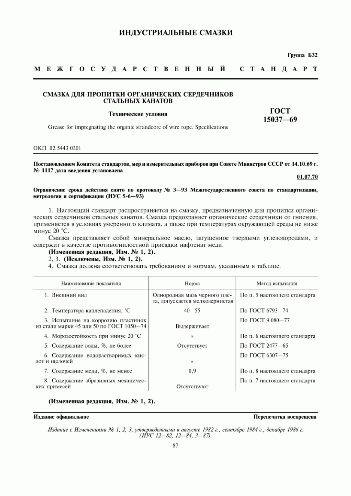 Обложка ГОСТ 15037-69 Смазка для пропитки органических сердечников стальных канатов. Технические условия