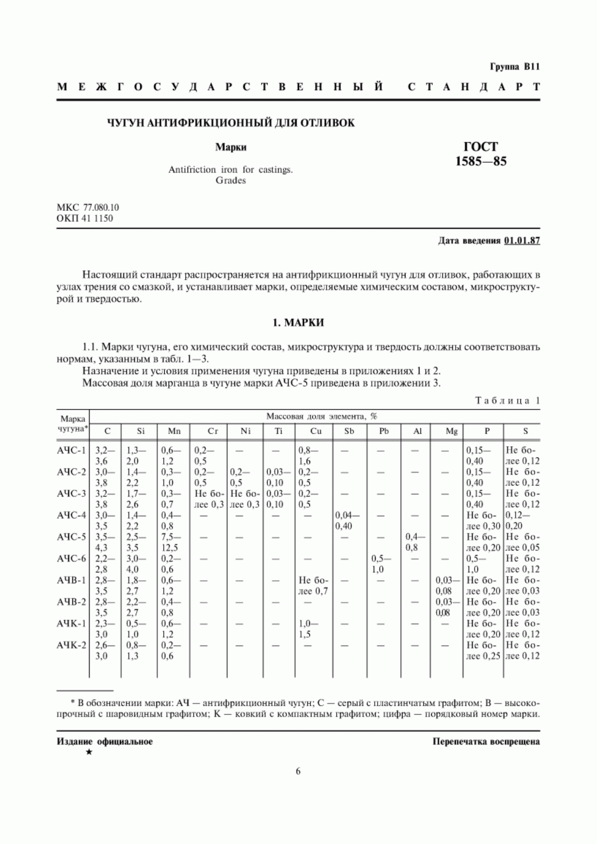 Обложка ГОСТ 1585-85 Чугун антифрикционный для отливок. Марки