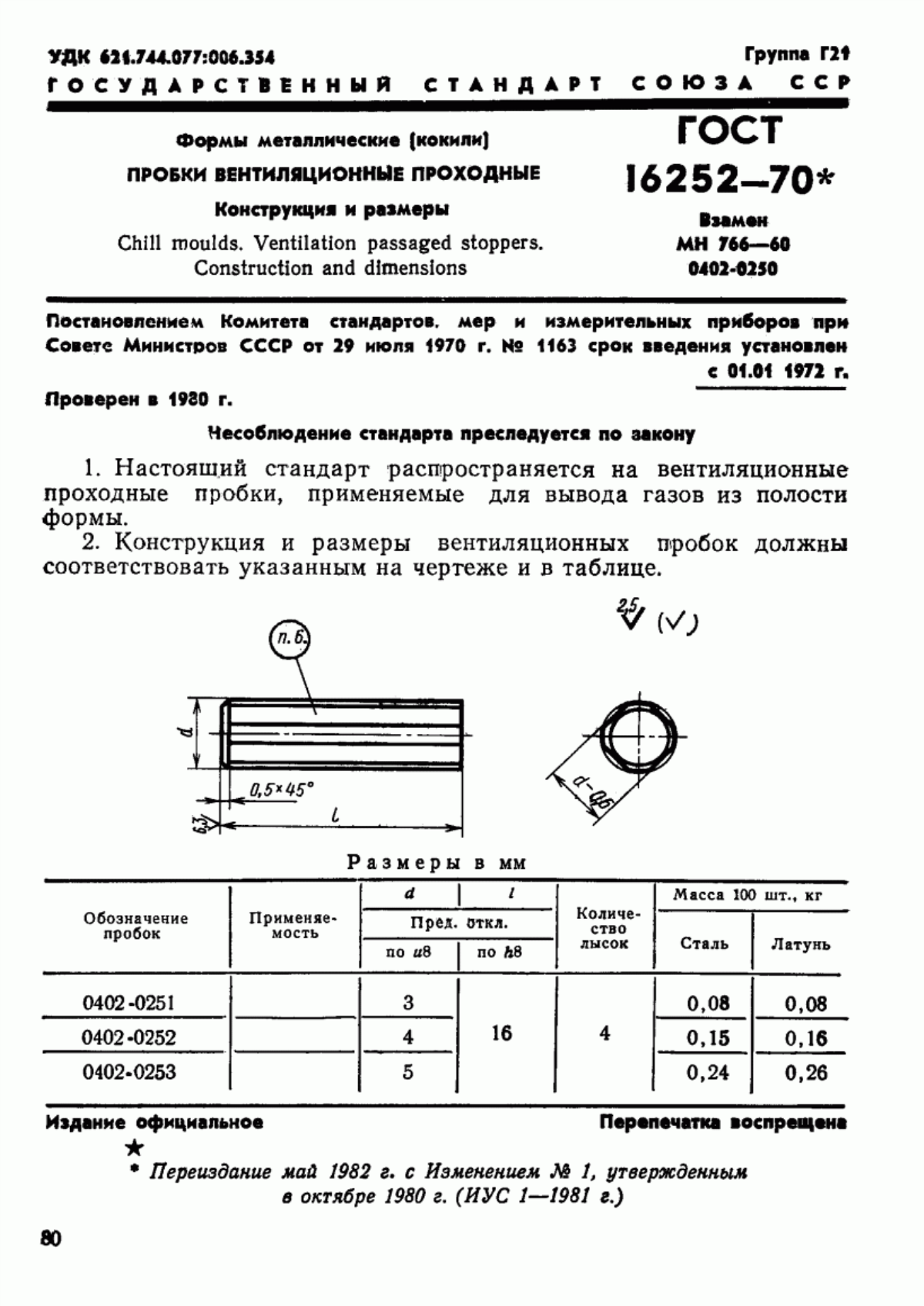 Обложка ГОСТ 16252-70 Формы металлические (кокили). Пробки вентиляционные проходные. Конструкция и размеры