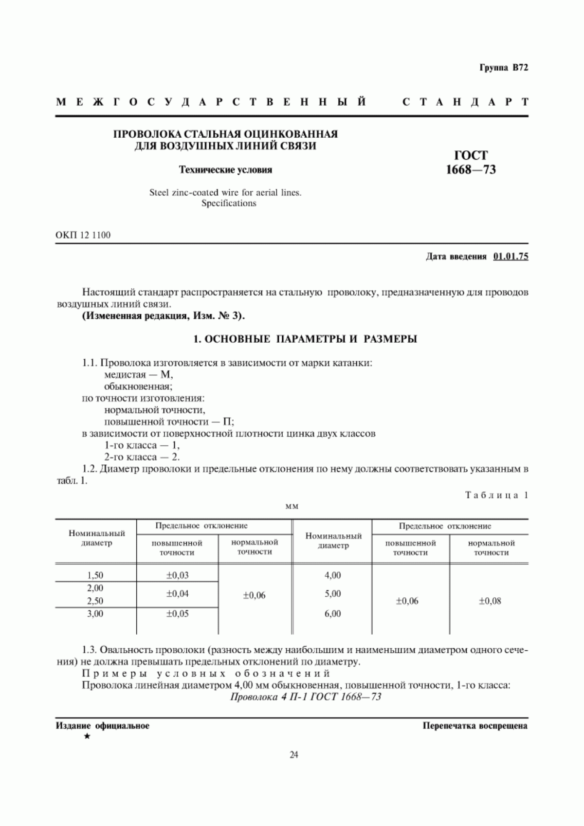 Обложка ГОСТ 1668-73 Проволока стальная оцинкованная для воздушных линий связи. Технические условия