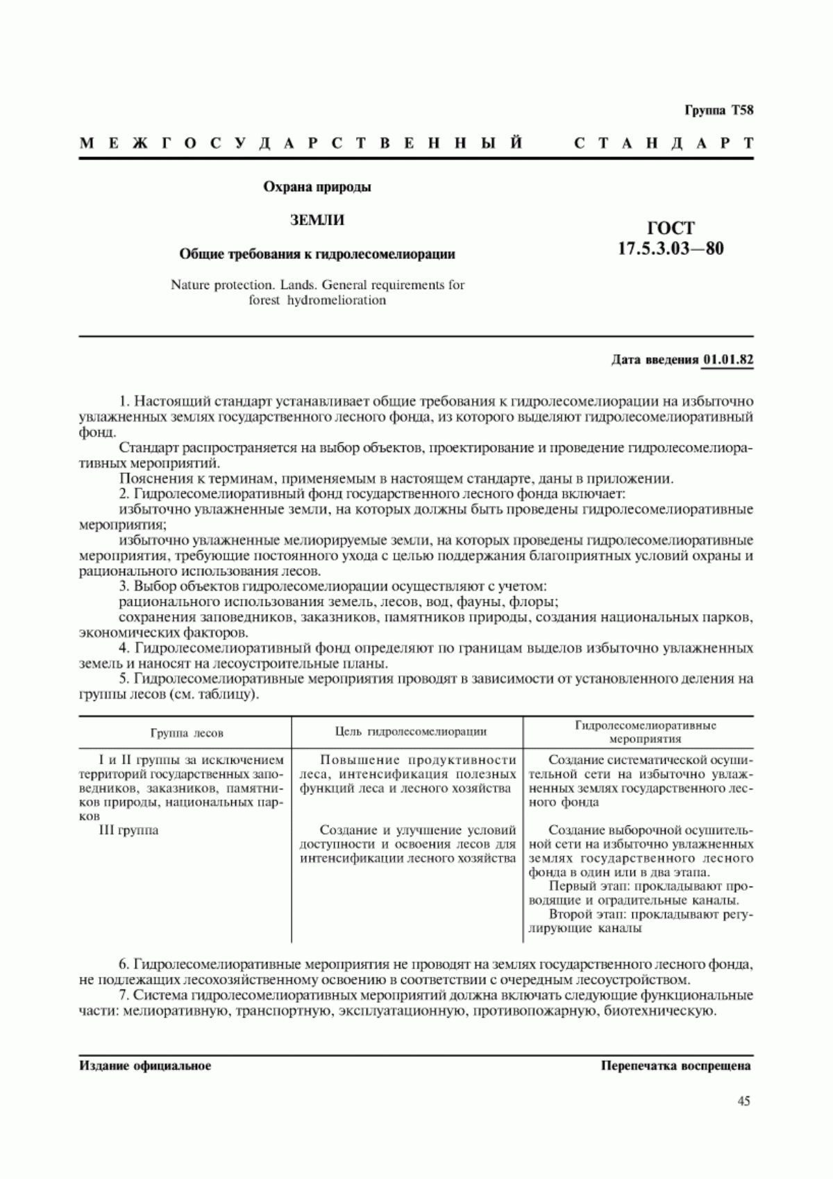 Обложка ГОСТ 17.5.3.03-80 Охрана природы. Земли. Общие требования к гидролесомелиорации