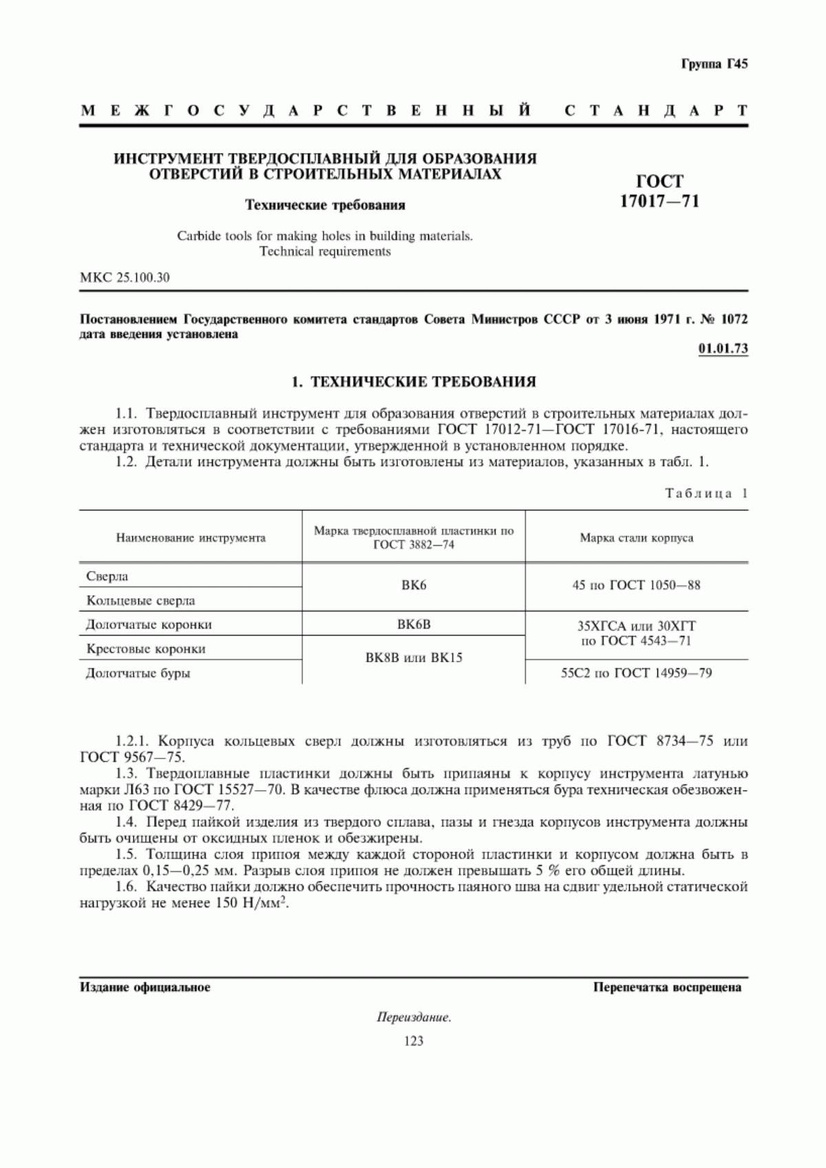 Обложка ГОСТ 17017-71 Инструмент твердосплавный для образования отверстий в строительных материалах. Технические требования