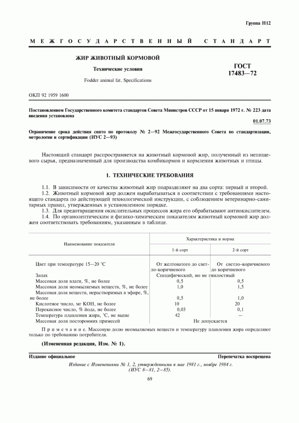 Обложка ГОСТ 17483-72 Жир животный кормовой. Технические условия