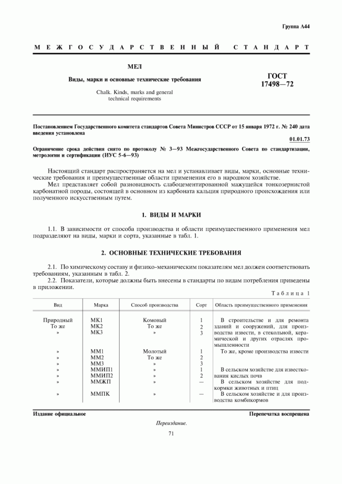 Обложка ГОСТ 17498-72 Мел. Виды, марки и основные технические требования