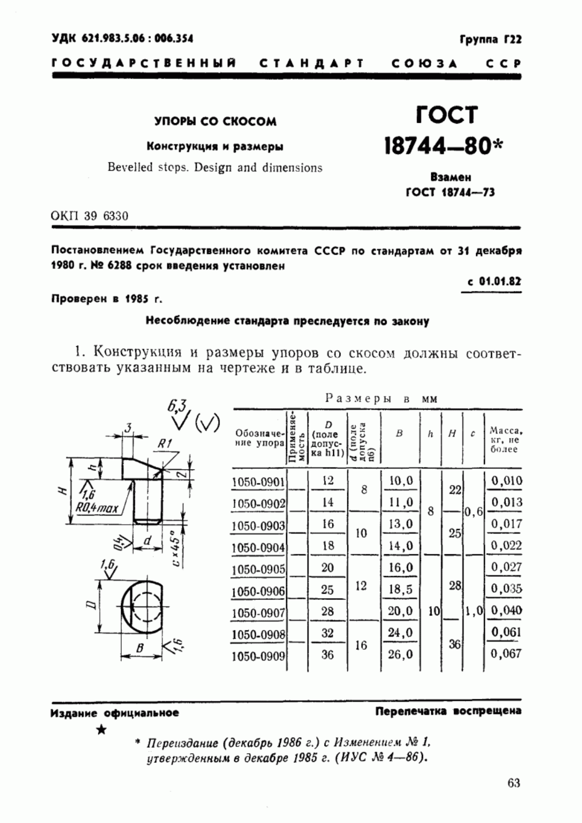 Обложка ГОСТ 18744-80 Упоры со скосом. Конструкция и размеры