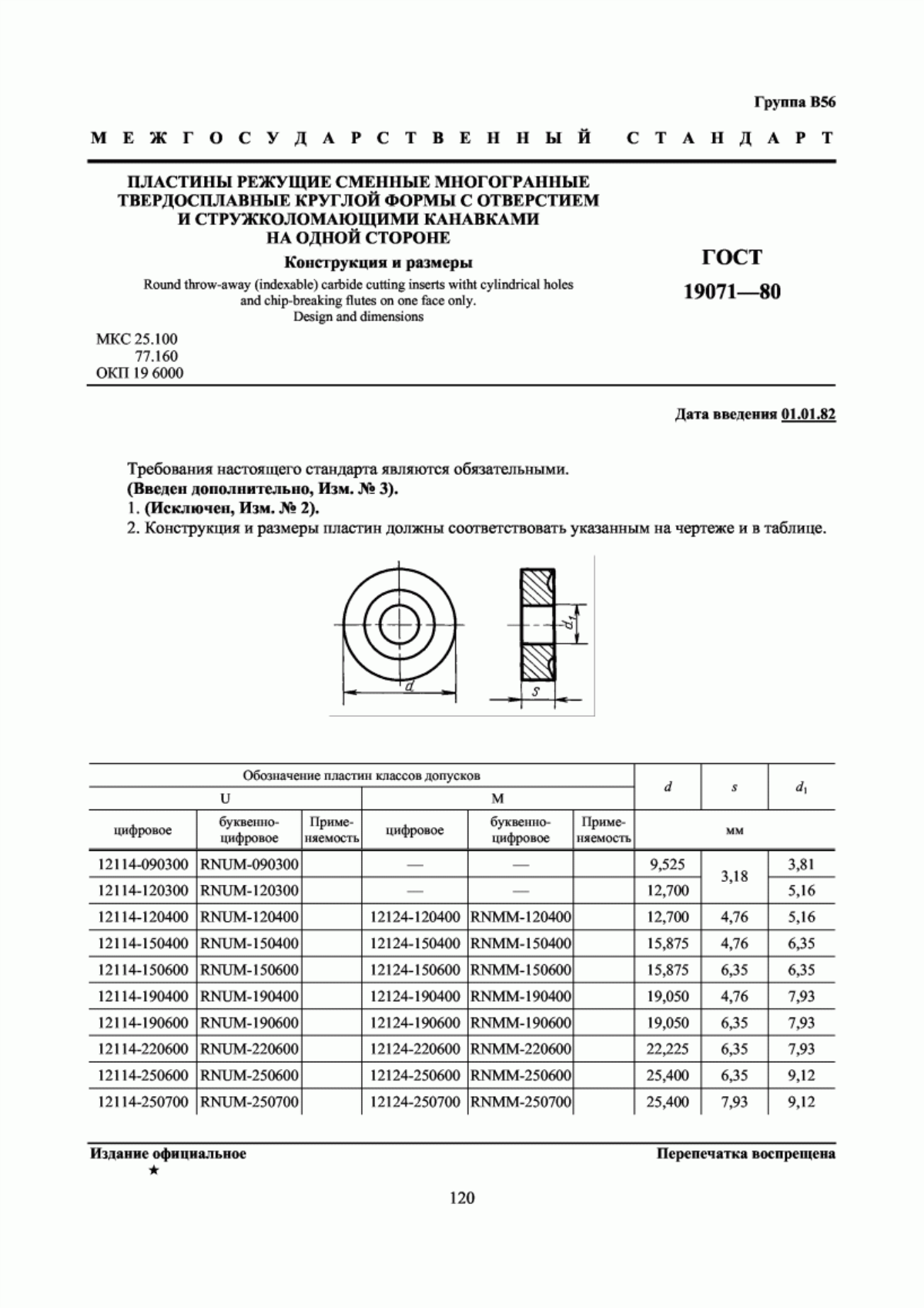 Обложка ГОСТ 19071-80 Пластины режущие сменные многогранные твердосплавные круглой формы с отверстием и стружколомающими канавками на одной стороне. Конструкция и размеры
