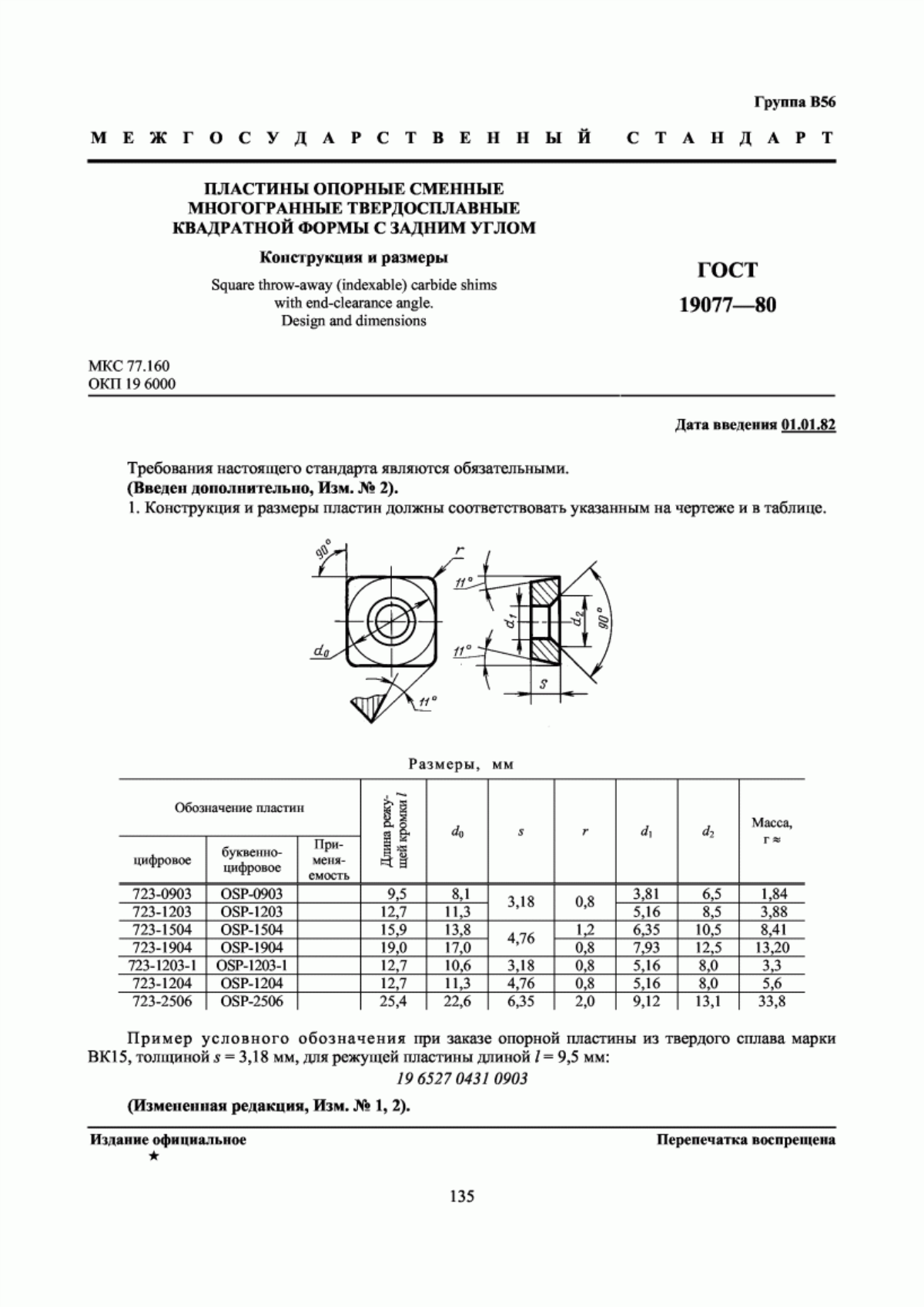 Обложка ГОСТ 19077-80 Пластины опорные сменные многогранные твердосплавные квадратной формы с задним углом. Конструкция и размеры
