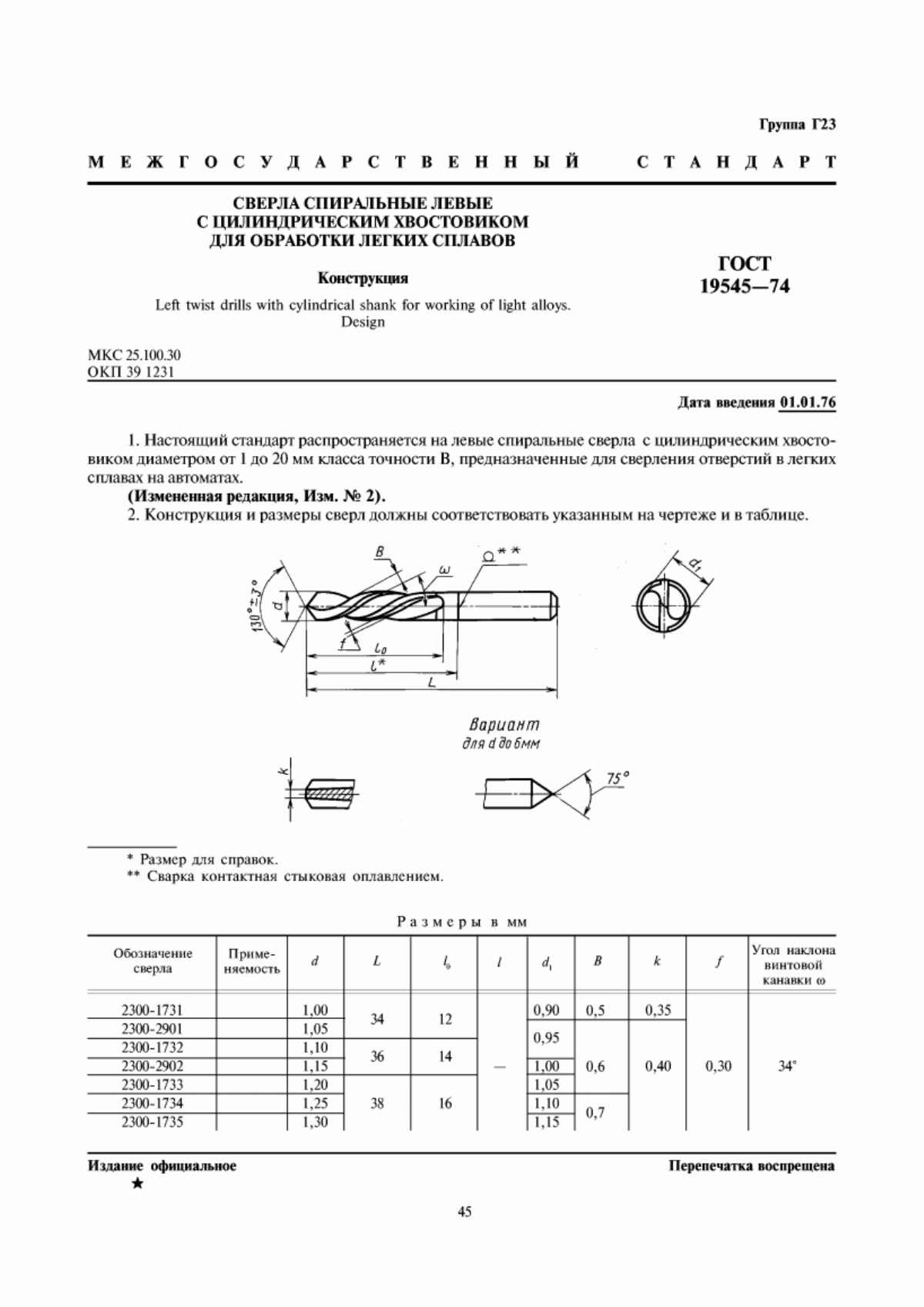Обложка ГОСТ 19545-74 Сверла спиральные левые с цилиндрическим хвостовиком для обработки легких сплавов. Конструкция