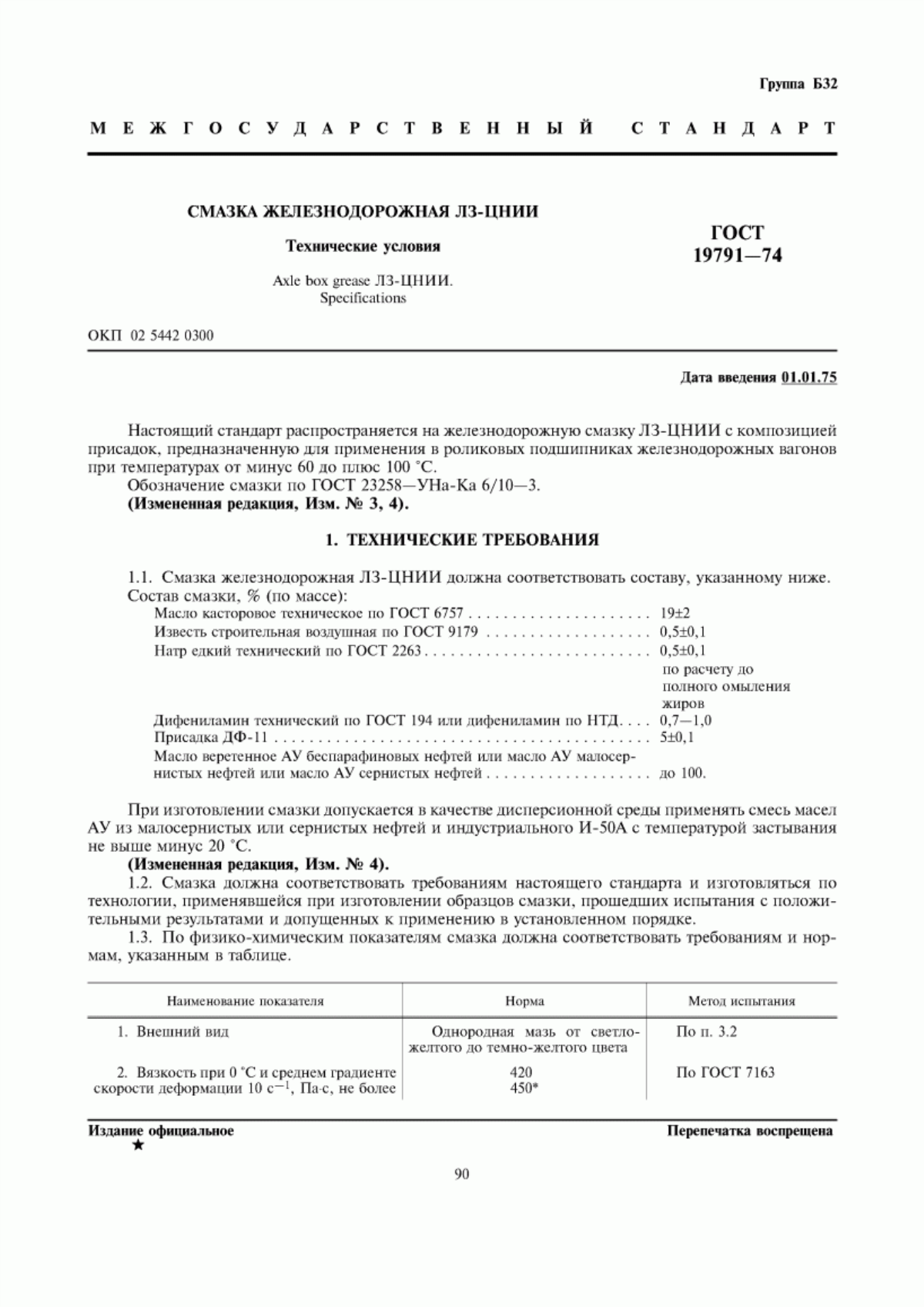 Обложка ГОСТ 19791-74 Смазка железнодорожная ЛЗ-ЦНИИ. Технические условия