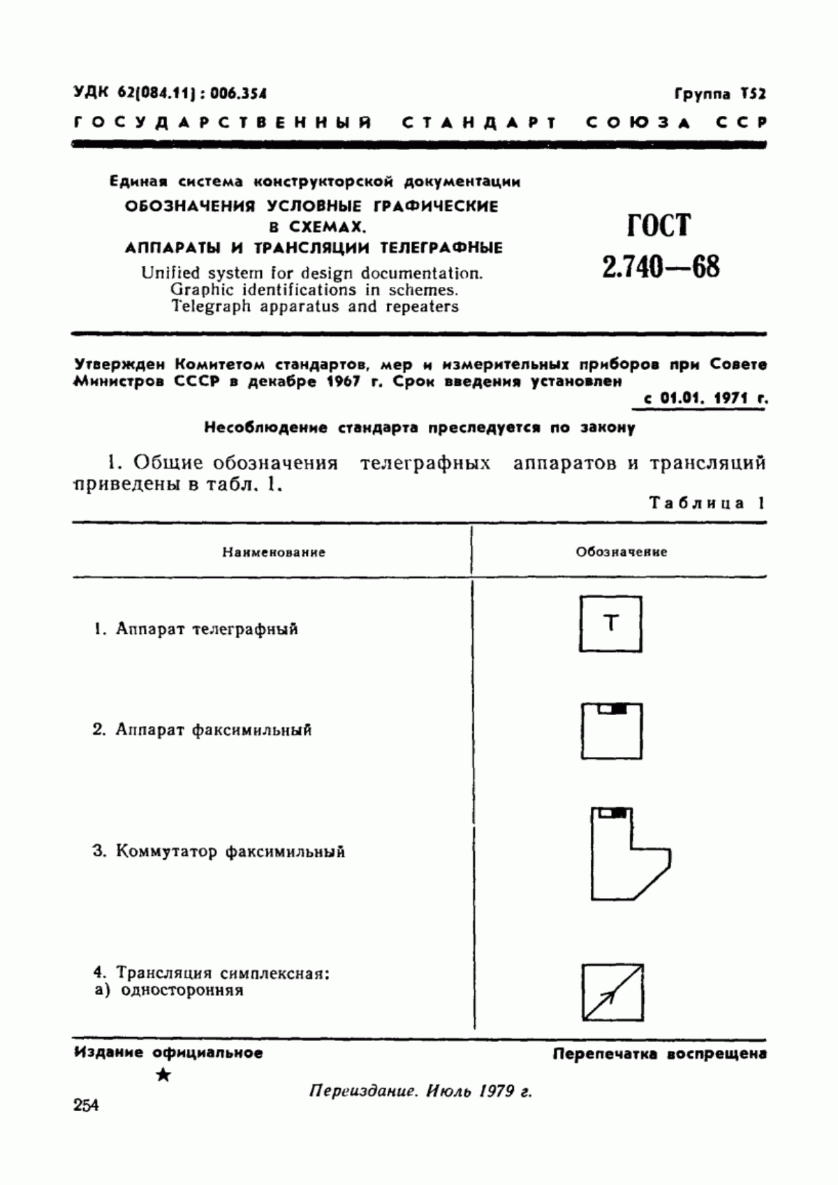 Обложка ГОСТ 2.740-68 Единая система конструкторской документации. Обозначения условные графические в схемах. Аппараты и трансляции телеграфные