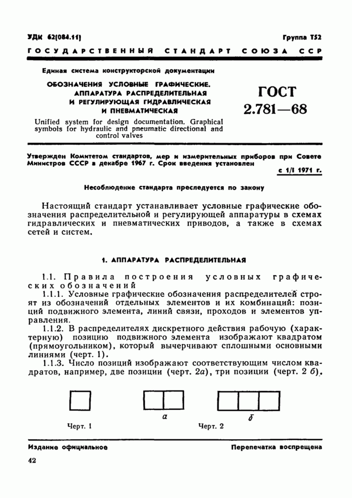 Обложка ГОСТ 2.781-68 Единая система конструкторской документации. Обозначения условные графические. Аппаратура распределительная и регулирующая гидравлическая и пневматическая