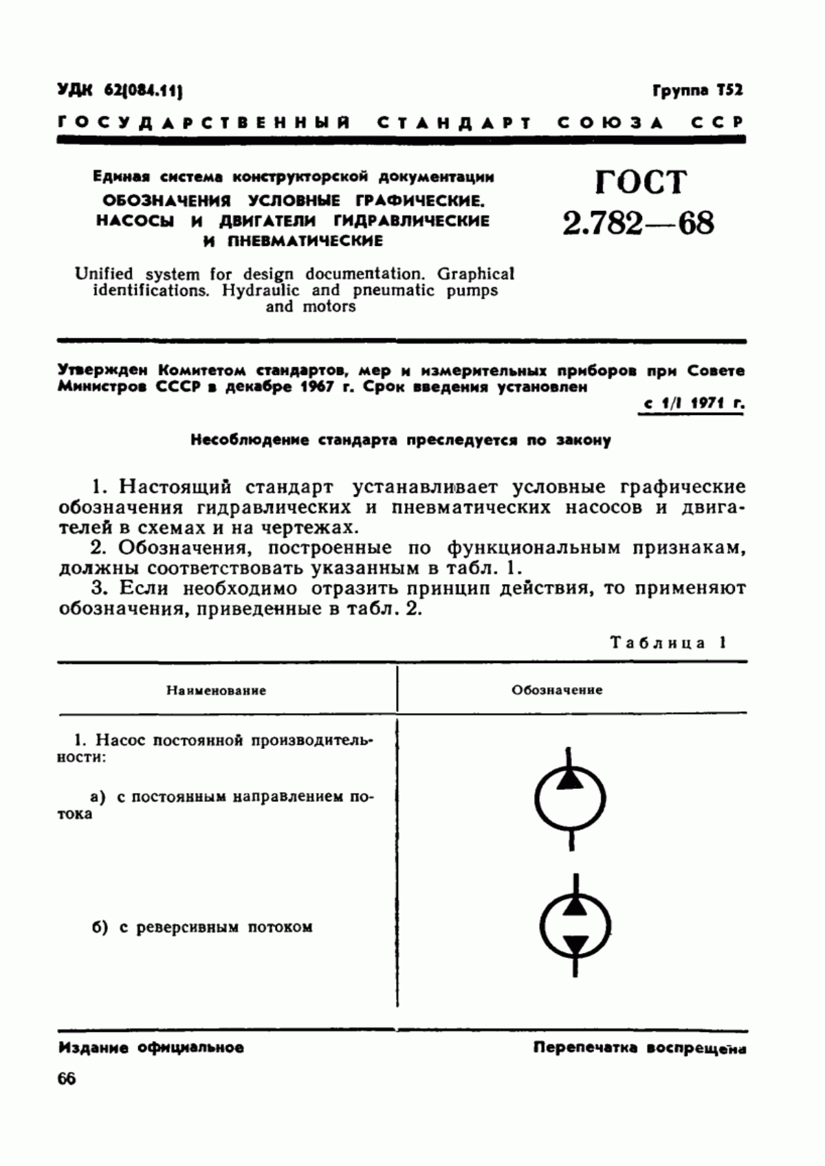 Обложка ГОСТ 2.782-68 Единая система конструкторской документации. Обозначения условные графические. Насосы и двигатели гидравлические и пневматические