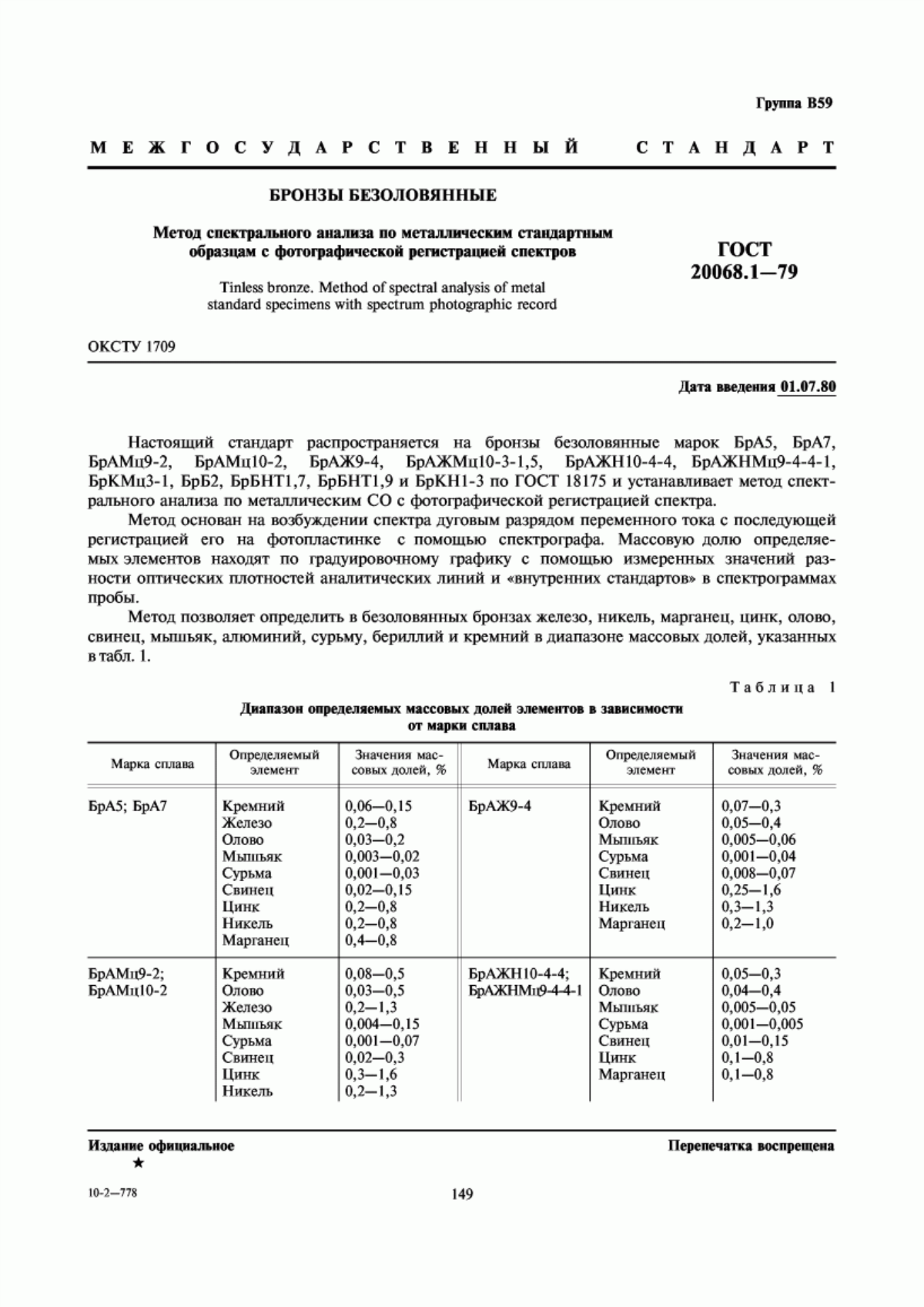 Обложка ГОСТ 20068.1-79 Бронзы безоловянные. Метод спектрального анализа по металлическим стандартным образцам с фотографической регистрацией спектров