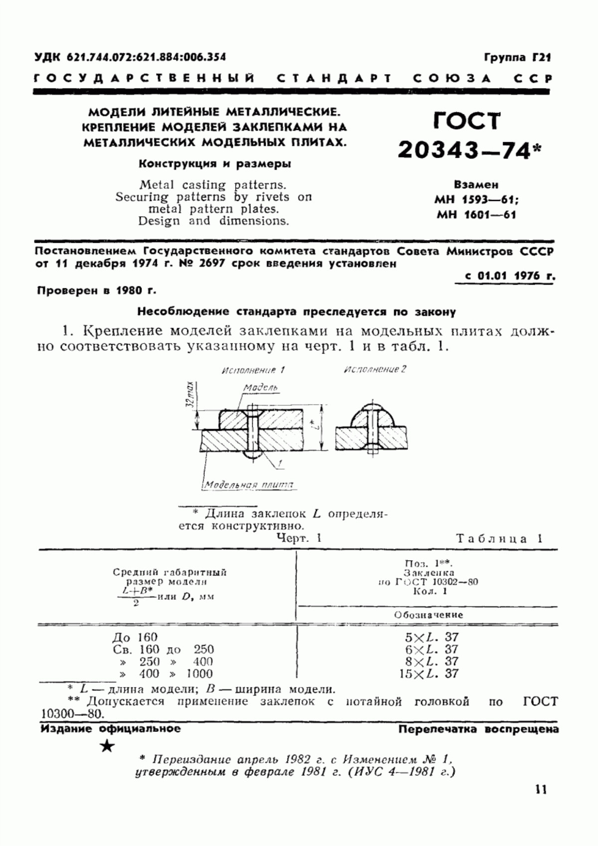 Обложка ГОСТ 20343-74 Модели литейные металлические. Крепление моделей заклепками на металлических модельных плитах. Конструкция и размеры