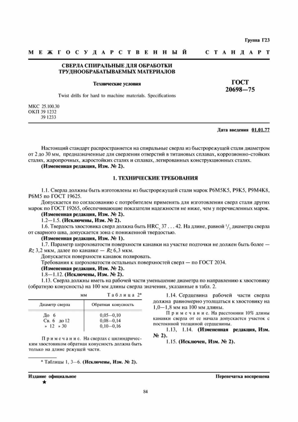 Обложка ГОСТ 20698-75 Сверла спиральные для обработки труднообрабатываемых материалов. Технические условия