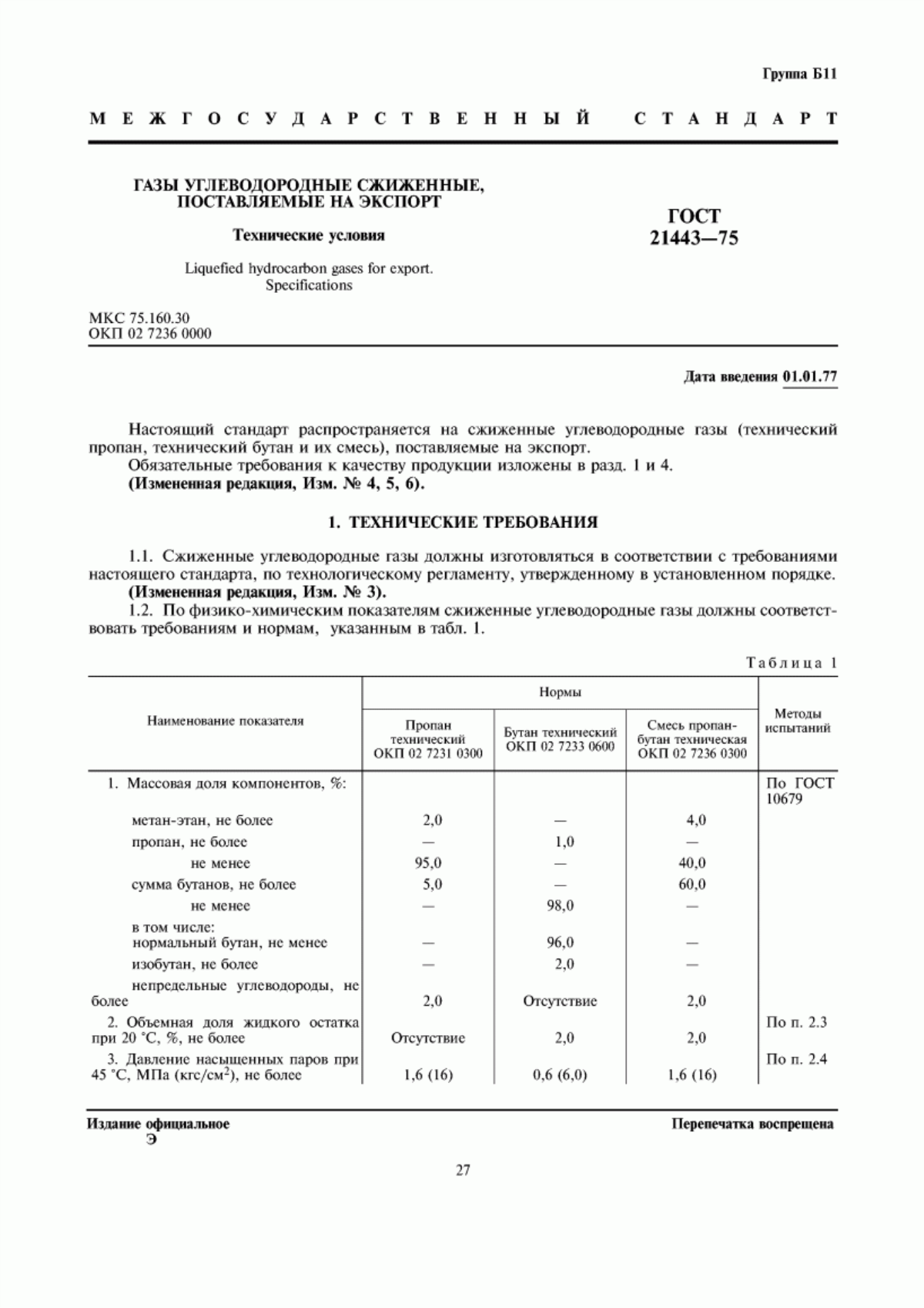 Обложка ГОСТ 21443-75 Газы углеводородные сжиженные, поставляемые на экспорт. Технические условия