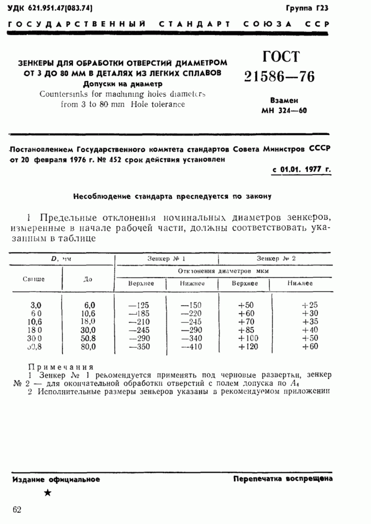 Обложка ГОСТ 21586-76 Зенкеры для обработки отверстий диаметром от 3 до 80 мм в деталях из легких сплавов. Допуски на диаметр