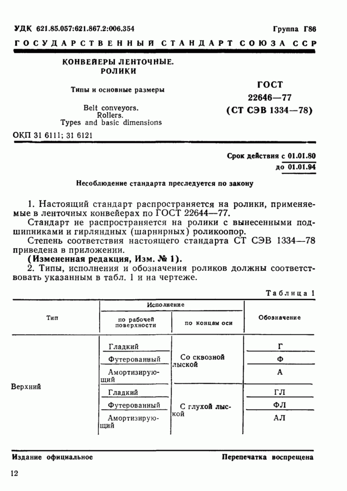 Обложка ГОСТ 22646-77 Конвейеры ленточные. Ролики. Типы и основные размеры