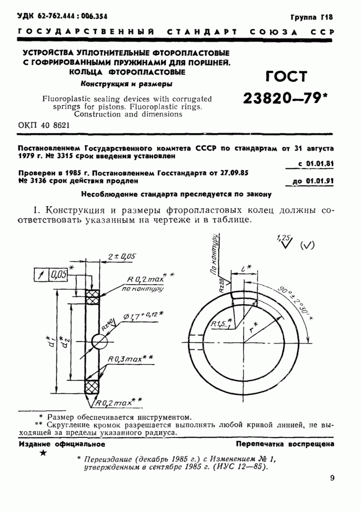 Обложка ГОСТ 23820-79 Устройства уплотнительные фторопластовые с гофрированными пружинами для поршней. Кольца фторопластовые. Конструкция и размеры