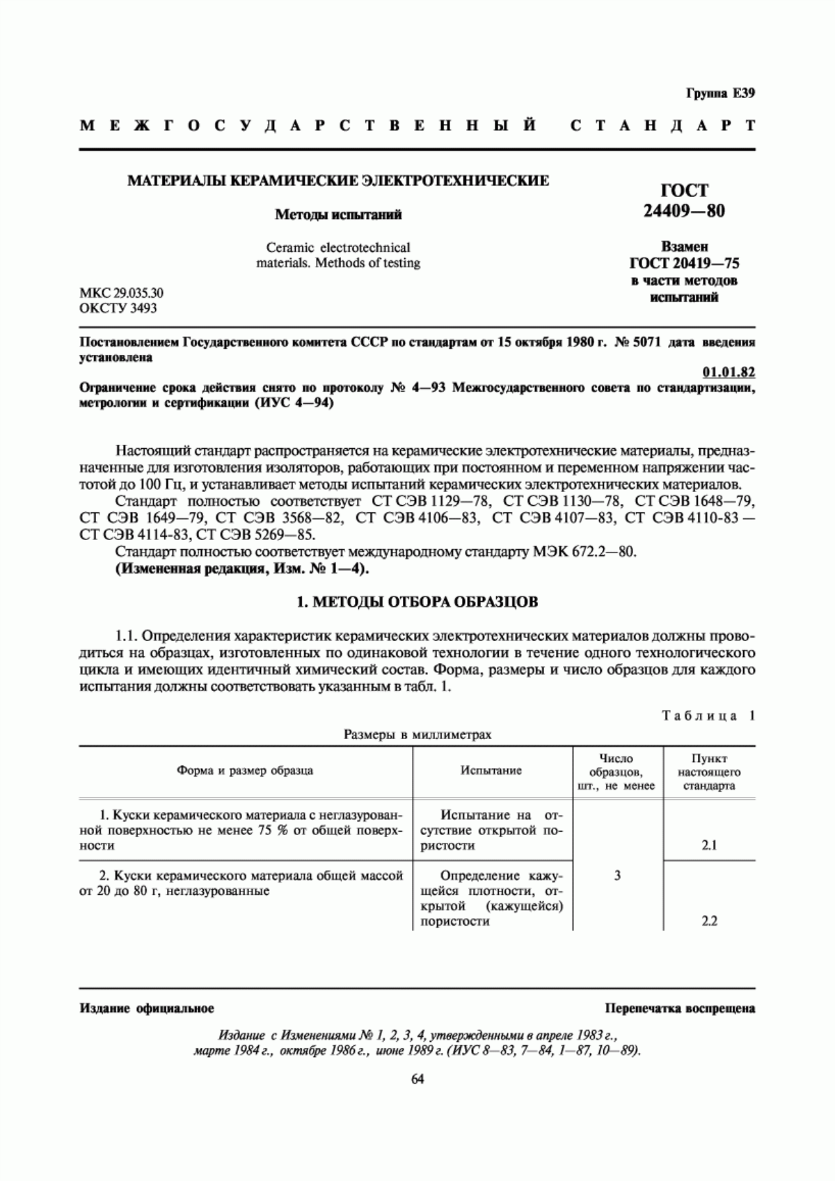 Обложка ГОСТ 24409-80 Материалы керамические электротехнические. Методы испытаний