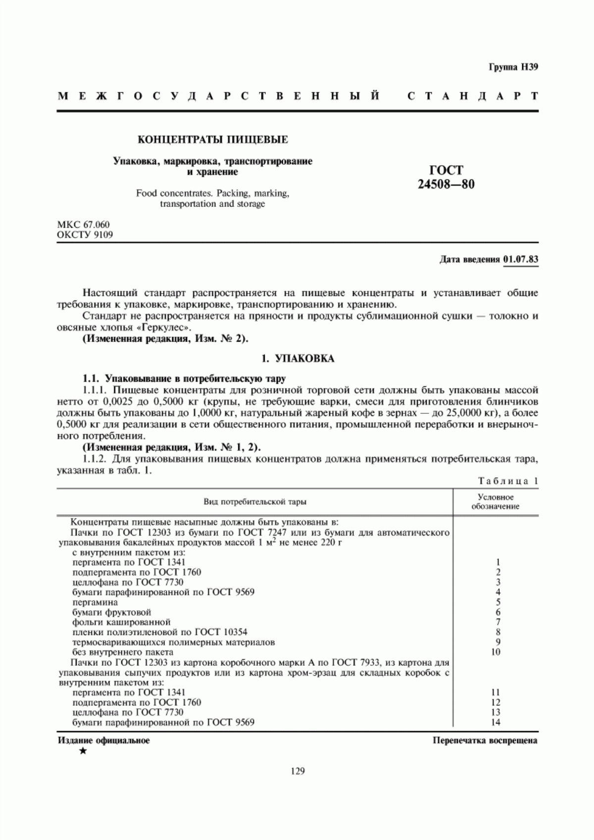 Обложка ГОСТ 24508-80 Концентраты пищевые. Упаковка, маркировка, транспортирование и хранение