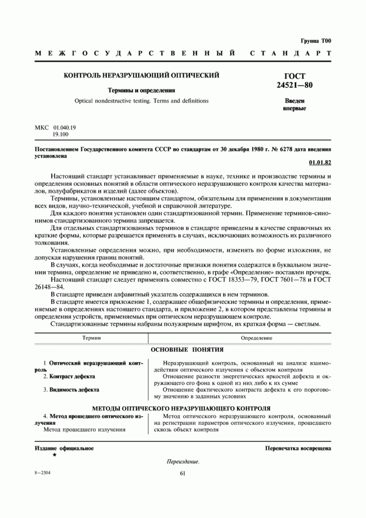 Обложка ГОСТ 24521-80 Контроль неразрушающий оптический. Термины и определения