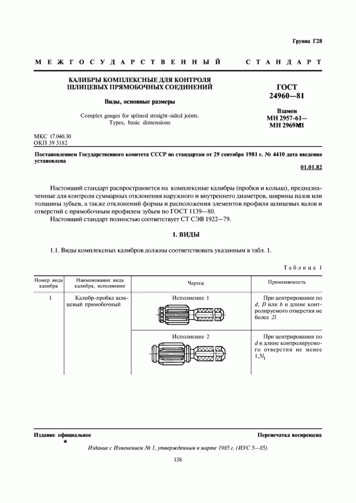 Обложка ГОСТ 24960-81 Калибры комплексные для контроля шлицевых прямобочных соединений. Виды, основные размеры