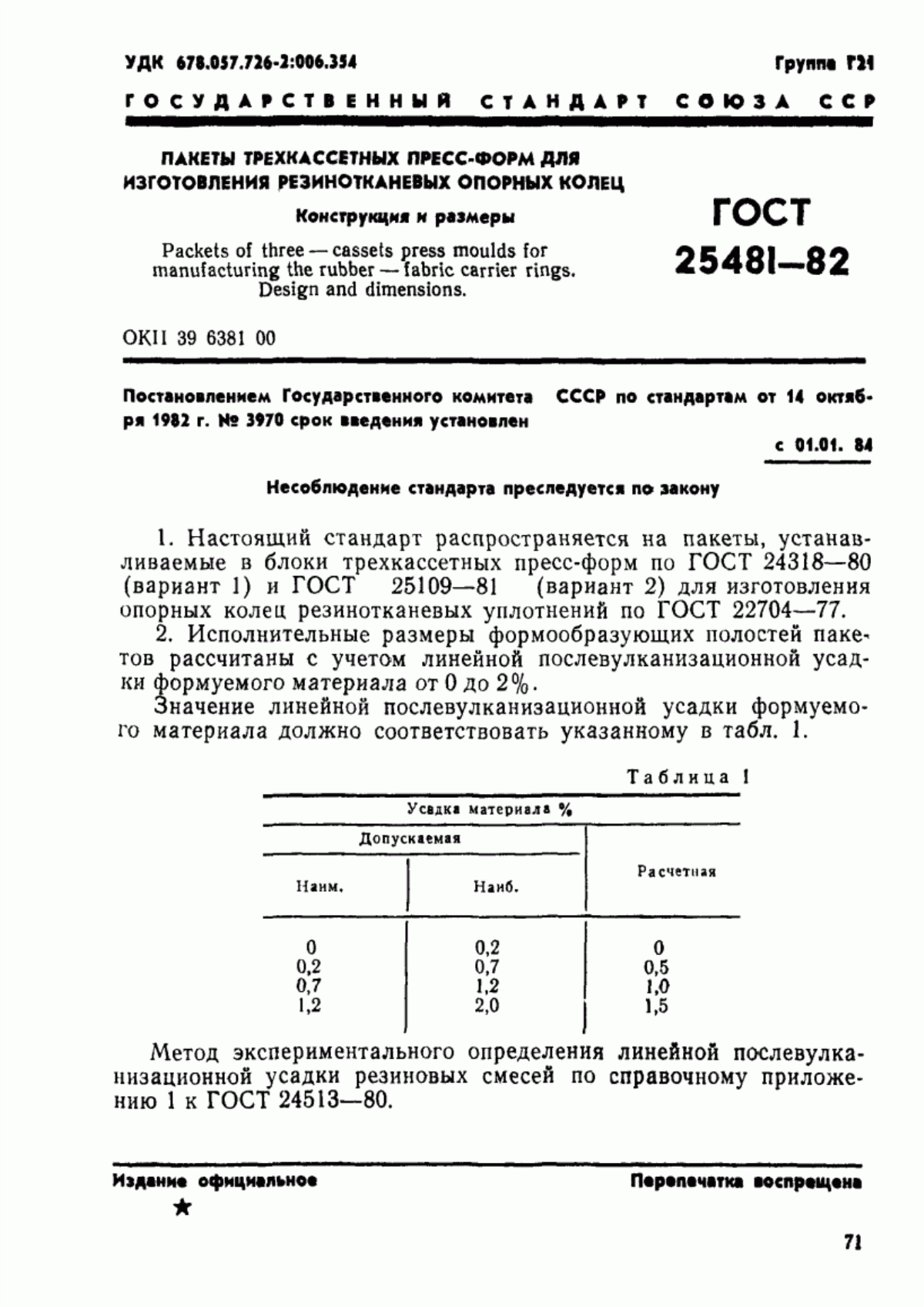 Обложка ГОСТ 25481-82 Пакеты трехкассетных пресс-форм для изготовления резинотканевых опорных колец. Конструкция и размеры