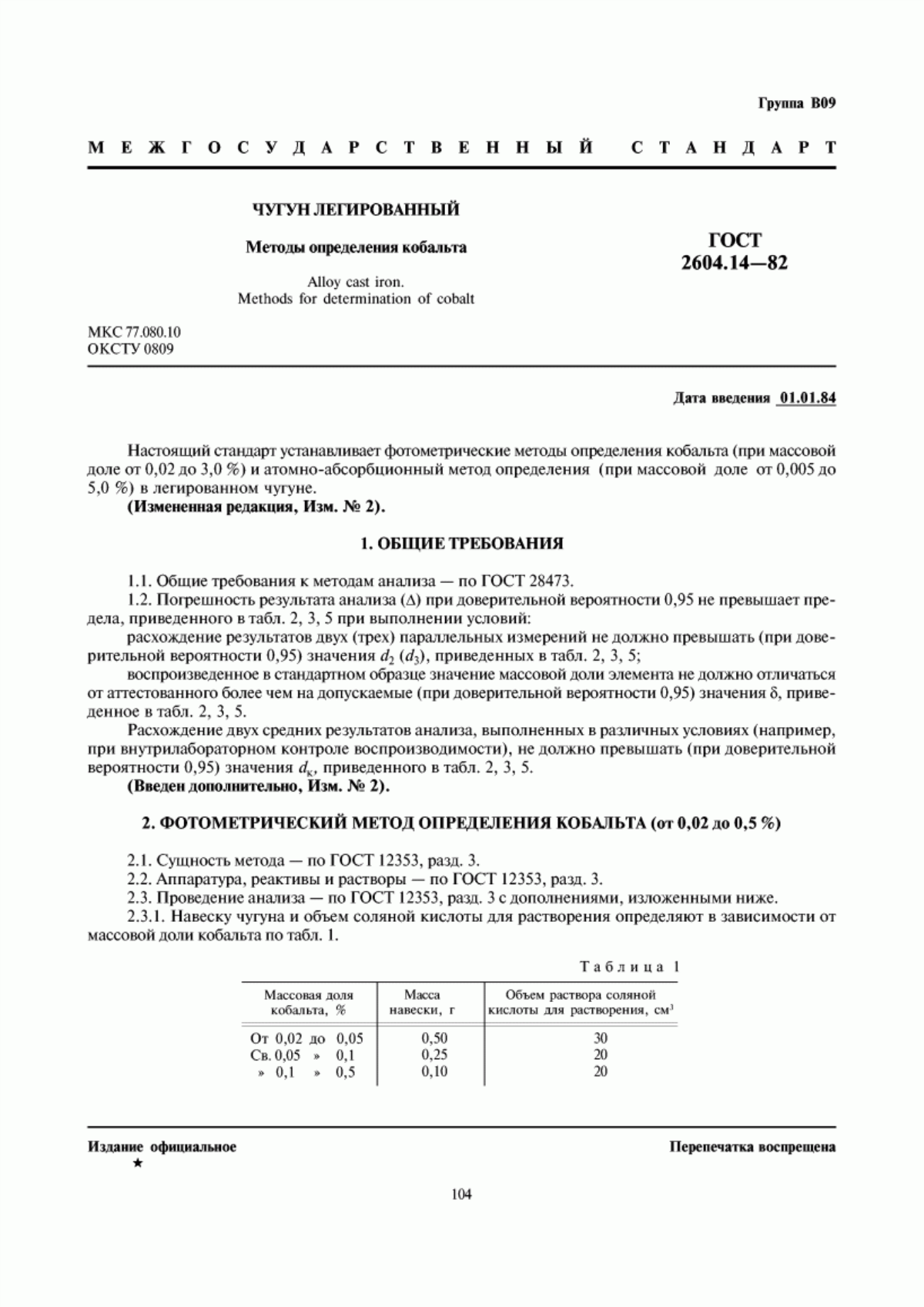 Обложка ГОСТ 2604.14-82 Чугун легированный. Методы определения кобальта