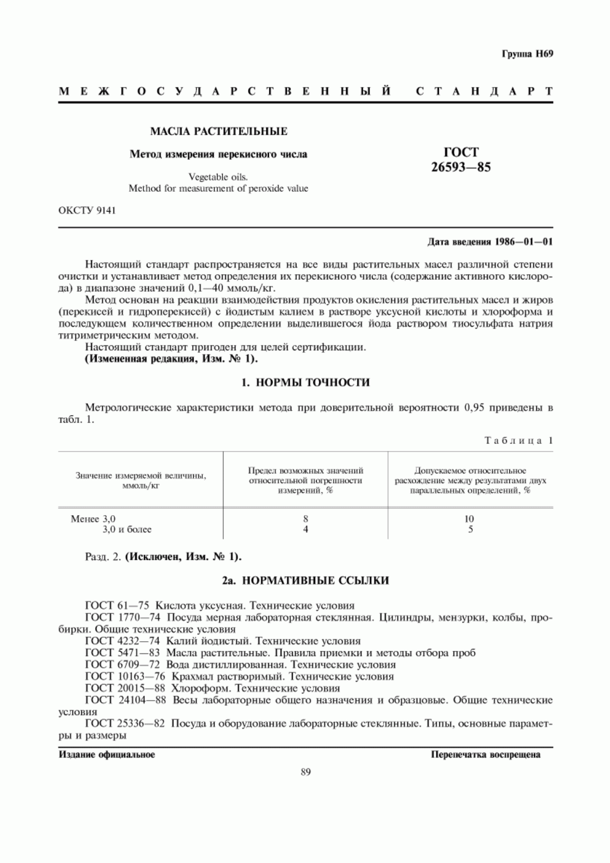 Обложка ГОСТ 26593-85 Масла растительные. Метод измерения перекисного числа